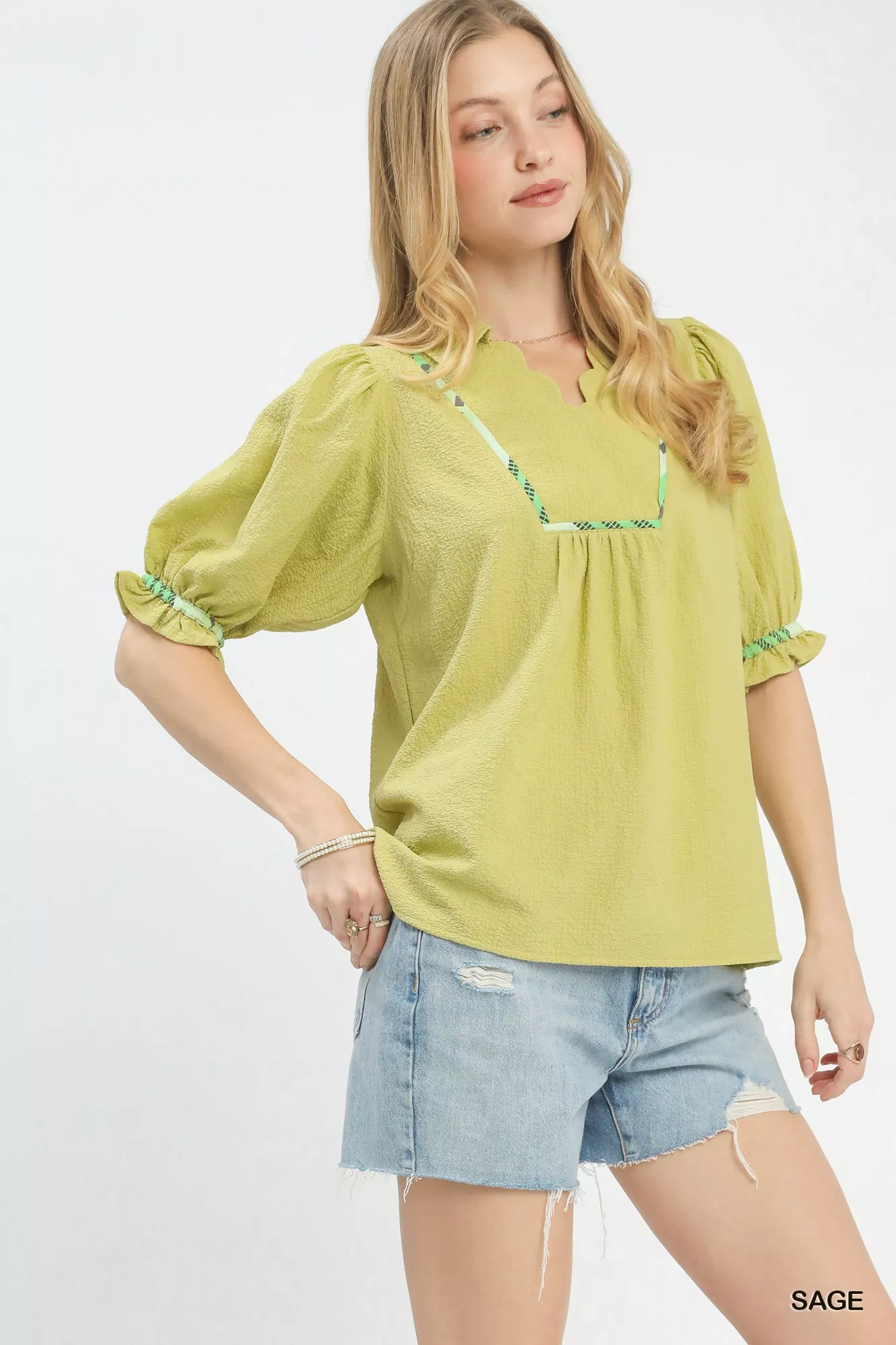 Umgee Scalloped Trim Blouse with Puff Sleeves - Image 2