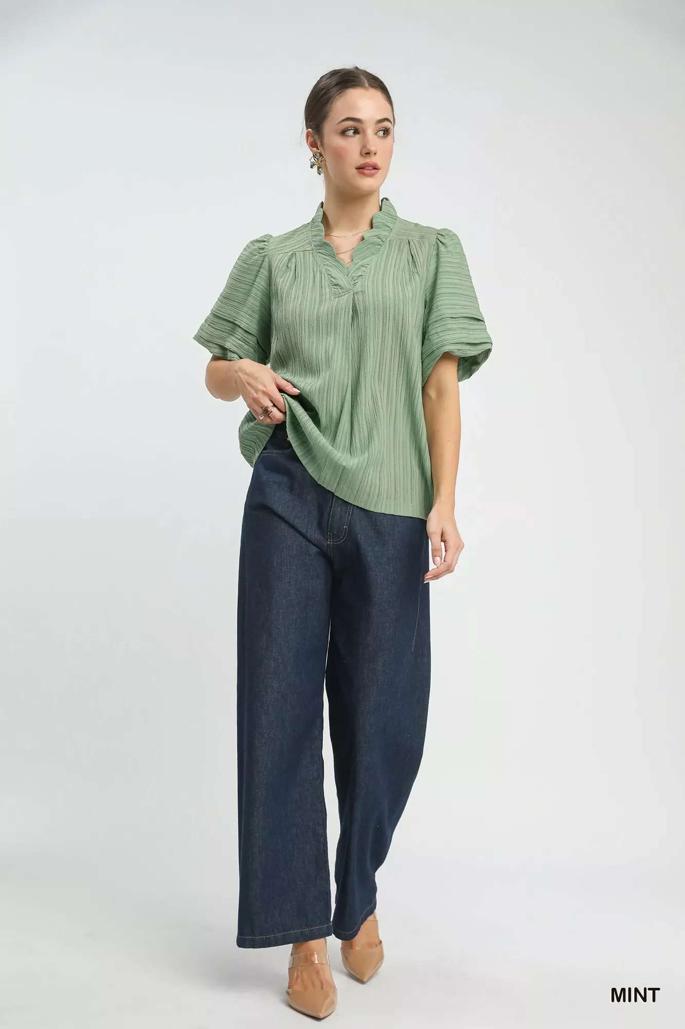 Umgee Seersucker Bubble Sleeve V-Neck Blouse - Image 5