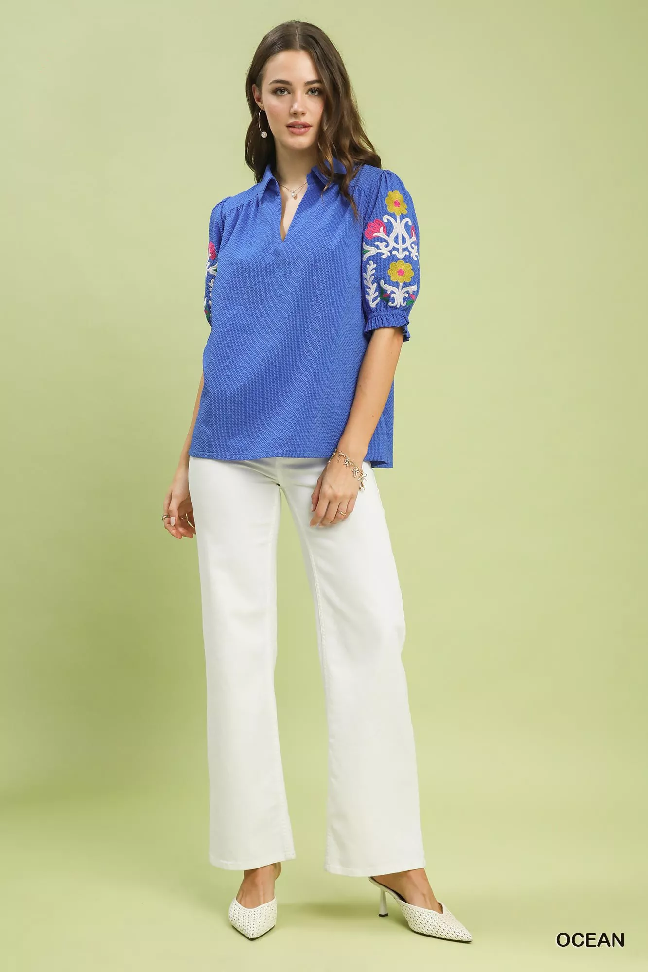Umgee Seersucker Embroidered Sleeve Blouse - Image 5