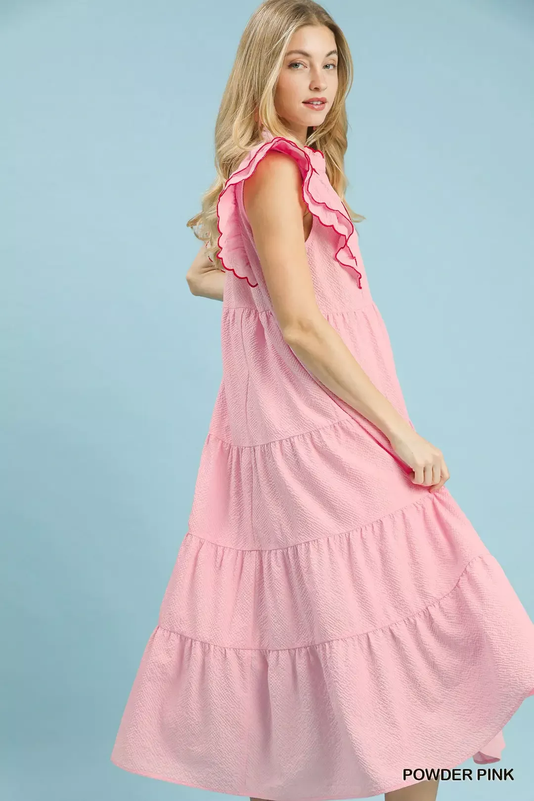 Umgee Seersucker Ruffle Sleeve Tiered Midi Dress - Image 2