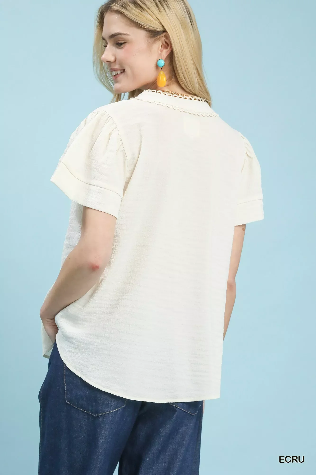 Umgee Seersucker Short Sleeve Top with Lace Trim - Image 3