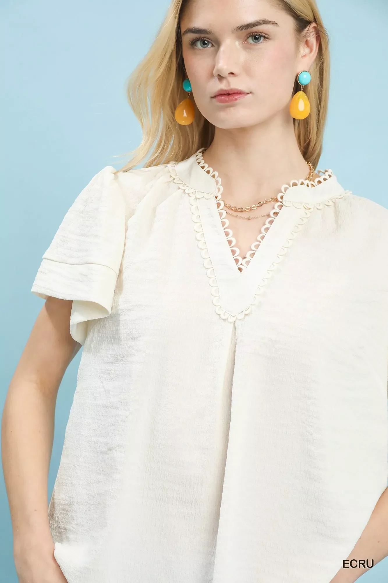 Umgee Seersucker Short Sleeve Top with Lace Trim - Image 4