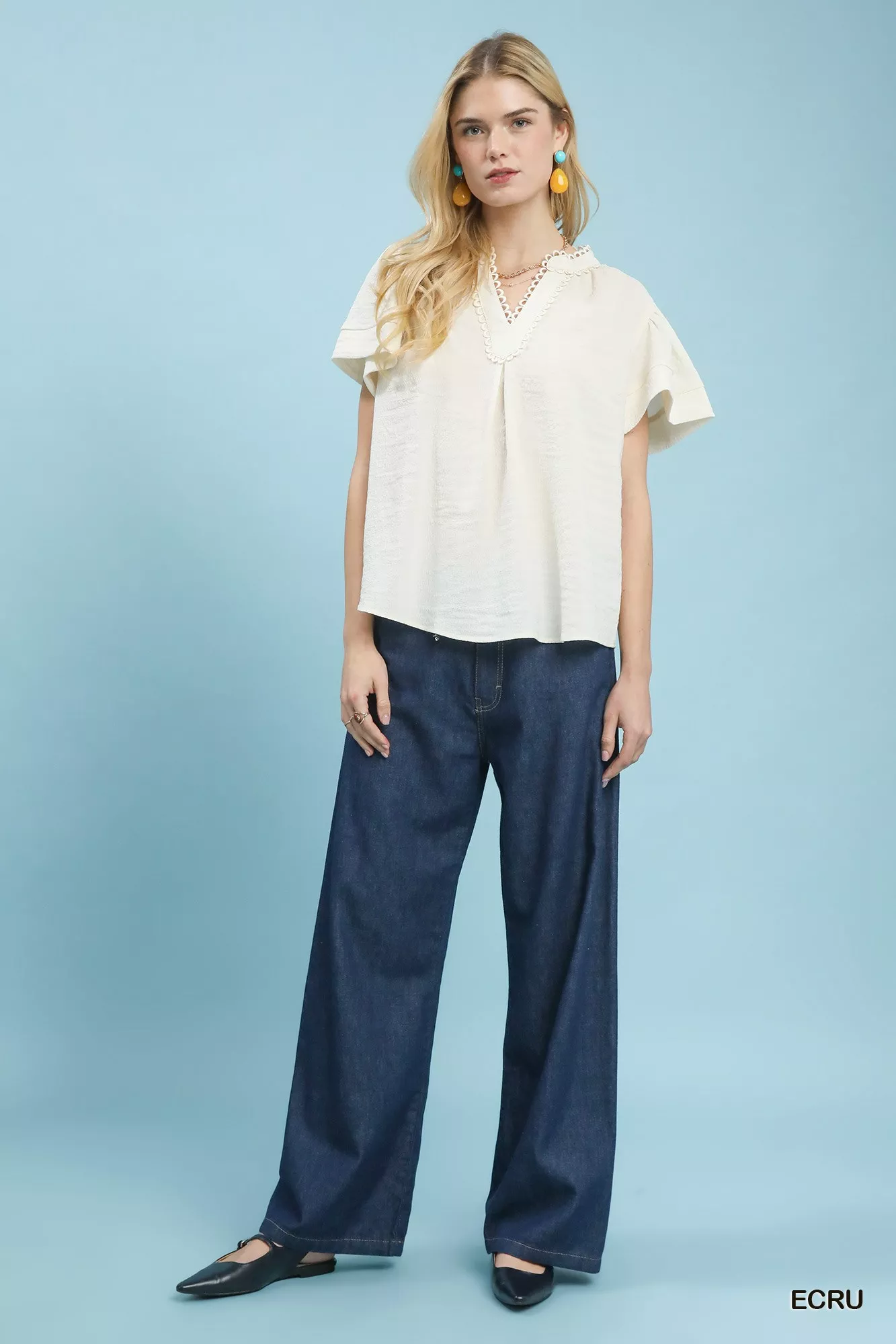 Umgee Seersucker Short Sleeve Top with Lace Trim - Image 5