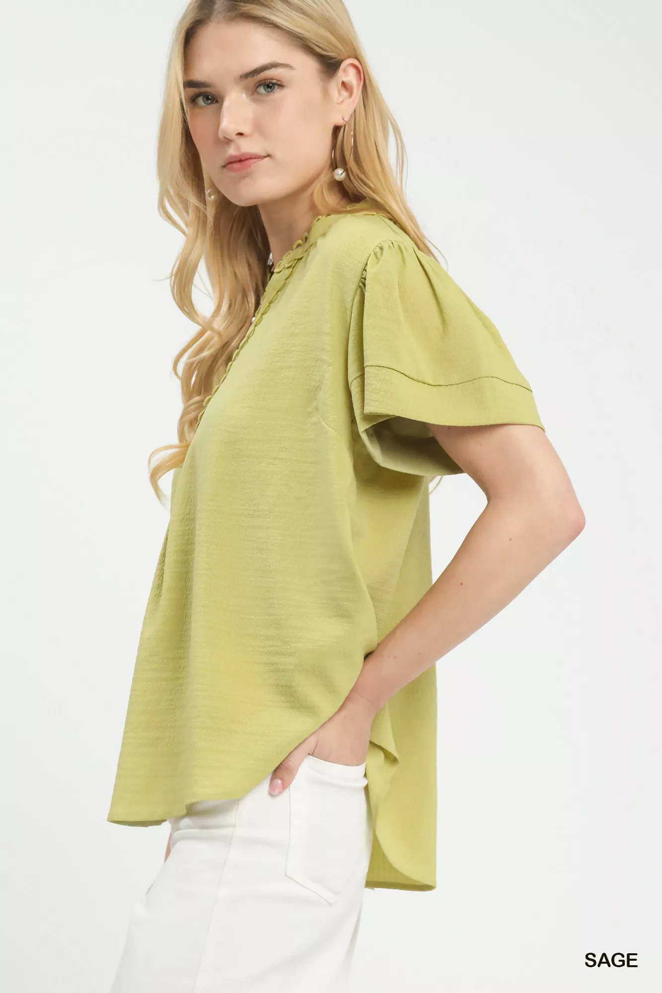 Umgee Seersucker Short Sleeve Top with Lace Trim - Image 2