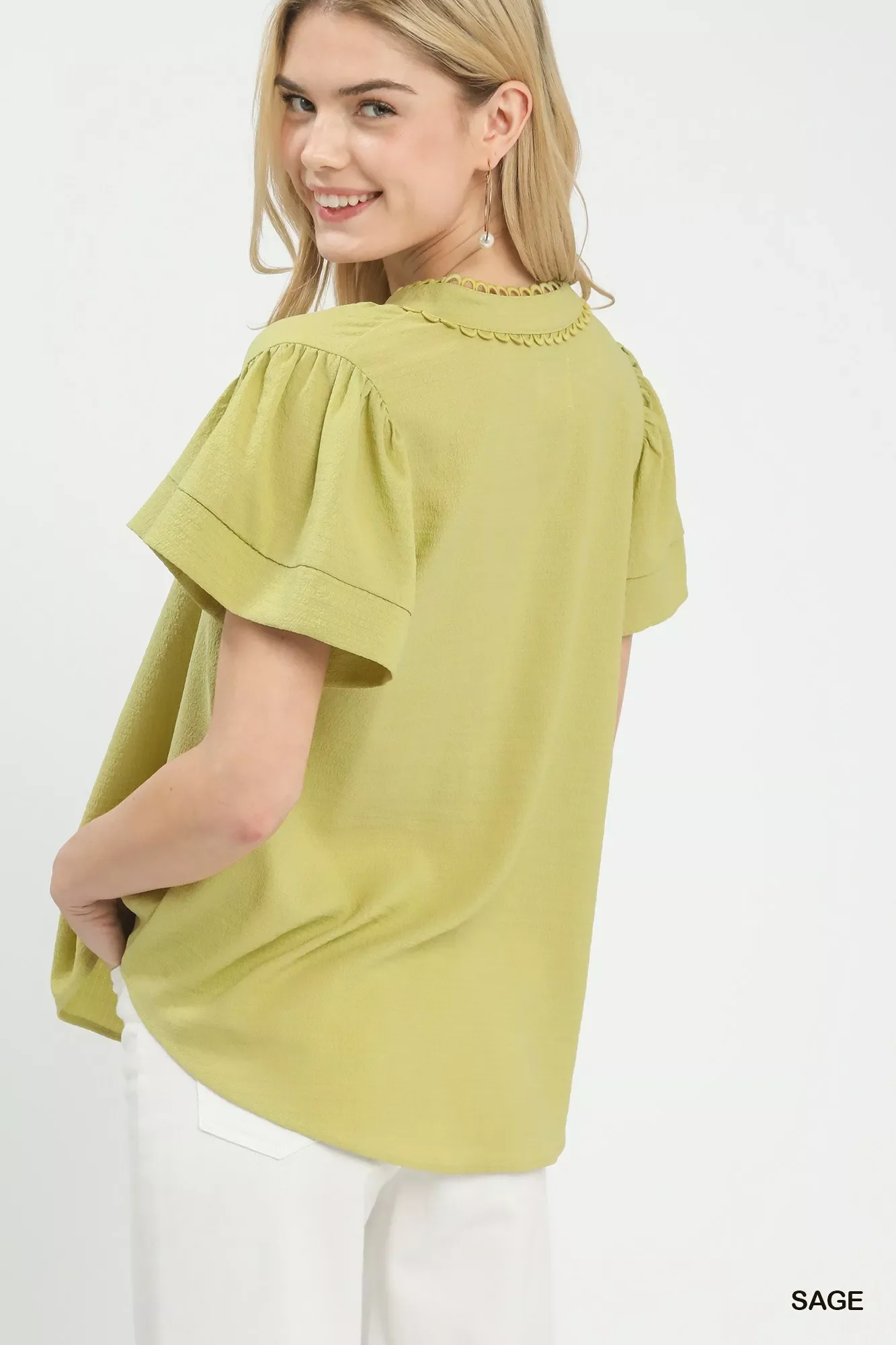 Umgee Seersucker Short Sleeve Top with Lace Trim - Image 3