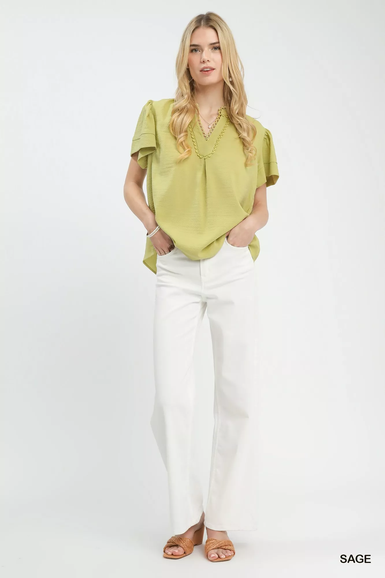 Umgee Seersucker Short Sleeve Top with Lace Trim - Image 5