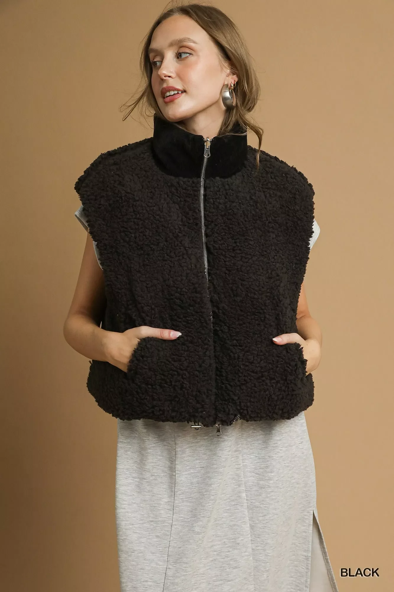 Umgee Sherpa-Lined Zip Vest with Drawstring Hem - Image 2