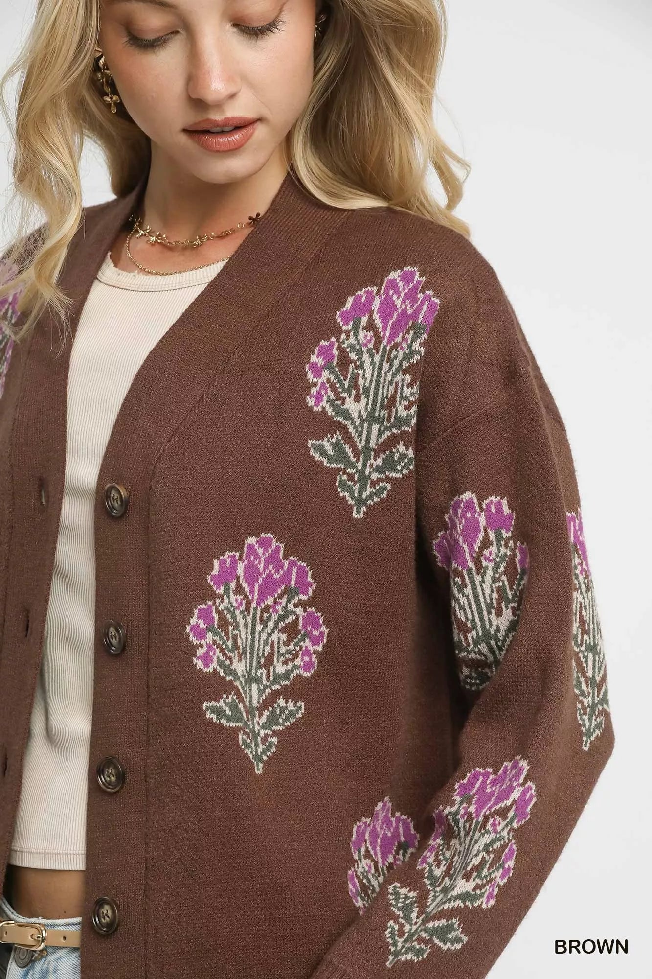 Umgee Single Flower Stem Jacquard Cardigan Sweater - Image 6