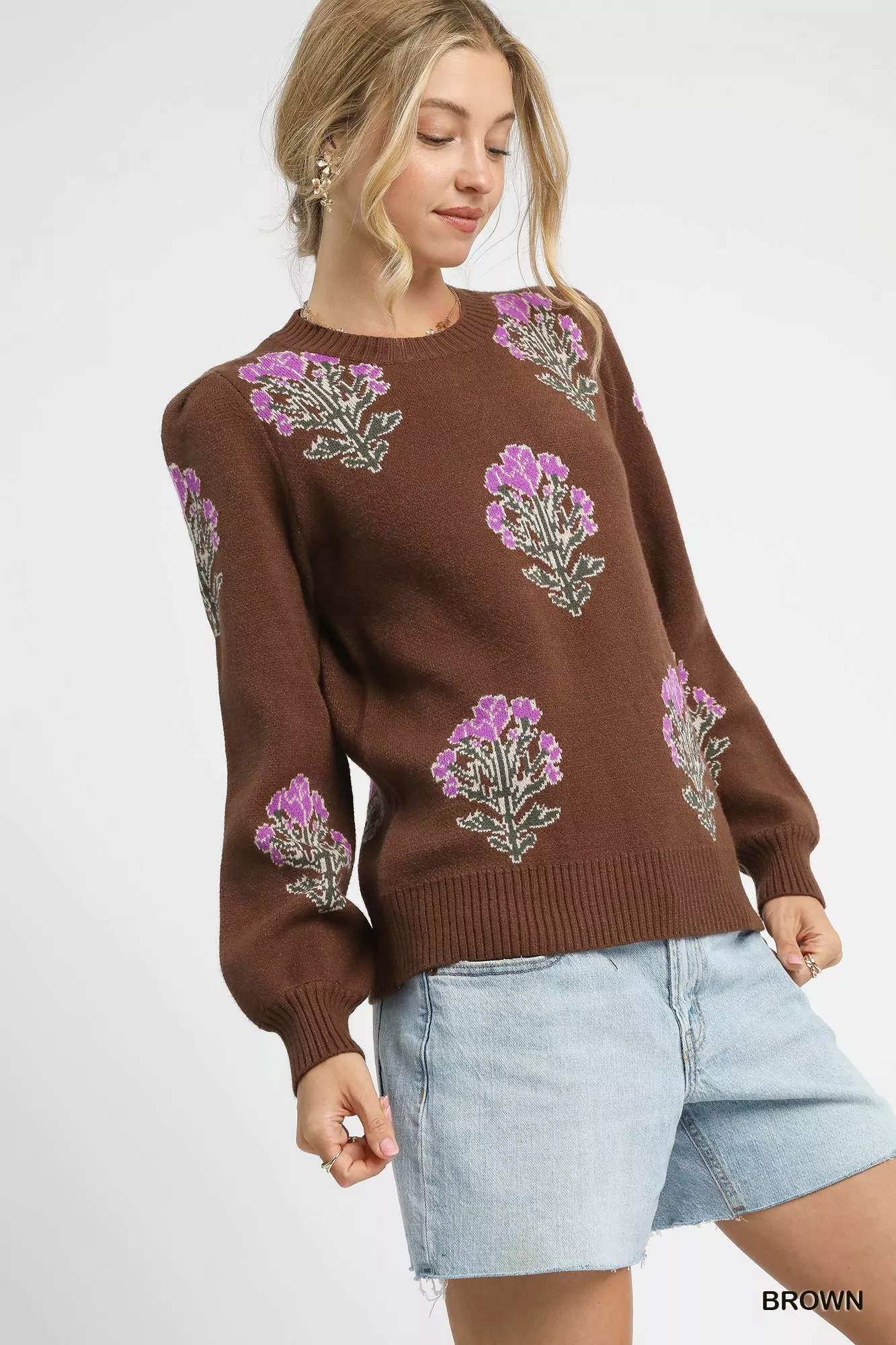 Umgee Single Flower Stem Jacquard Sweater - Image 3