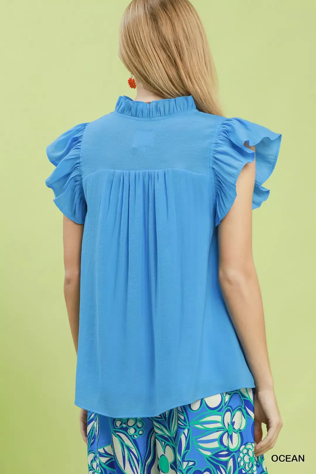 Umgee Smocked Yoke Ruffle Sleeve Blouse - Image 3