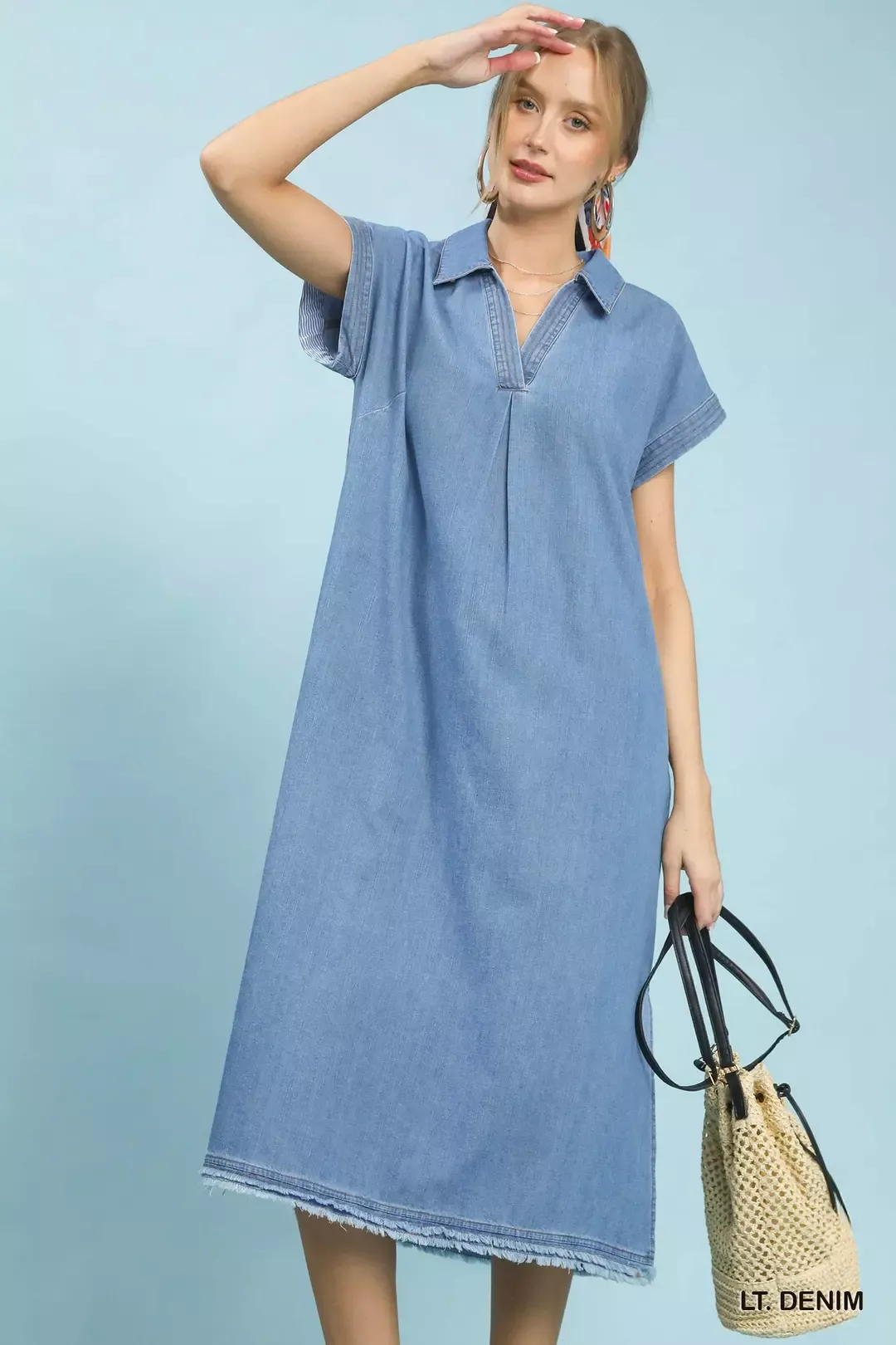 Umgee Stone Washed Collared Denim Midi Dress