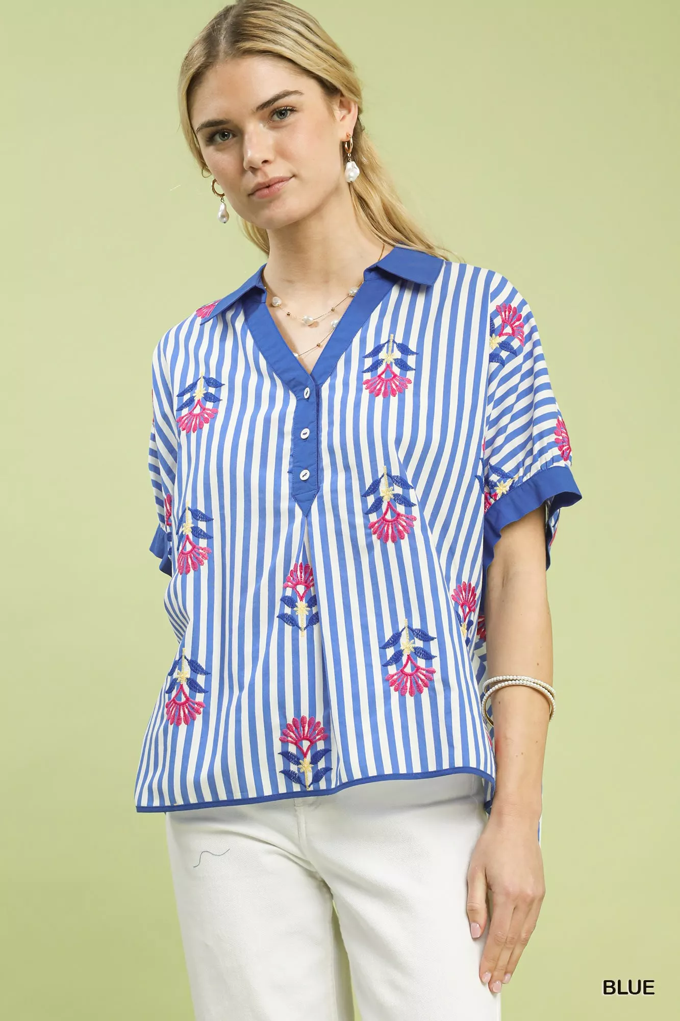 Umgee Stripe Embroidered Button-Front Boho Blouse