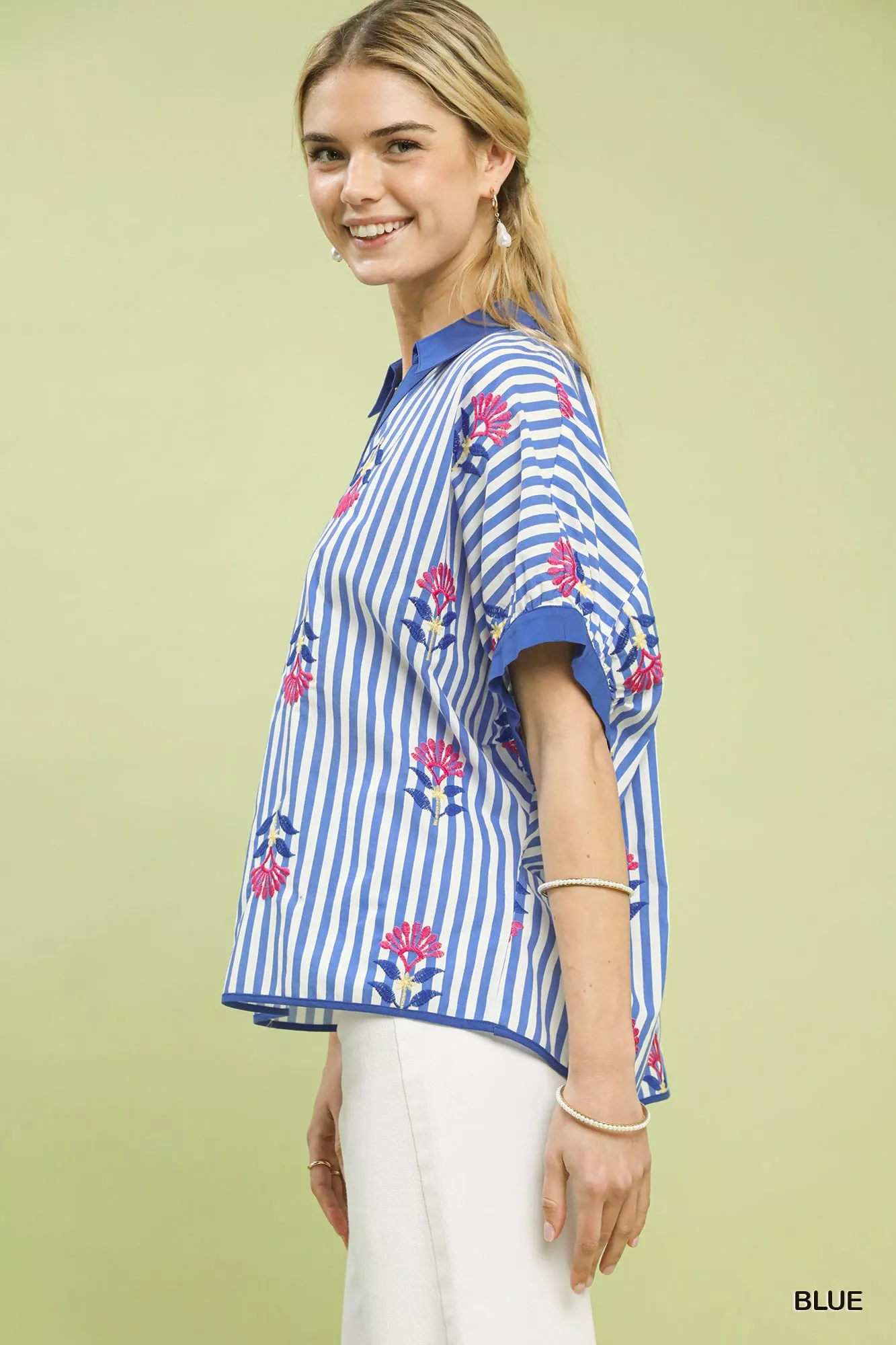 Umgee Stripe Embroidered Button-Front Boho Blouse - Image 3