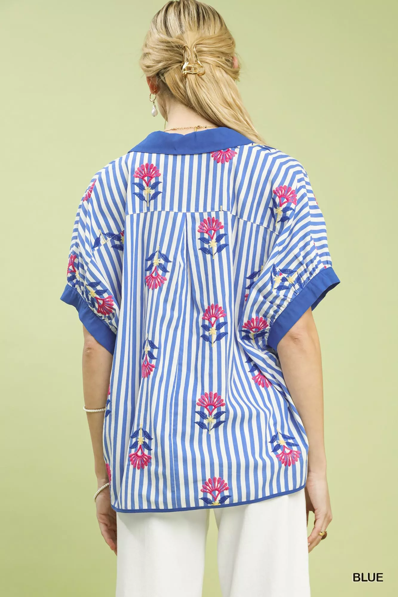 Umgee Stripe Embroidered Button-Front Boho Blouse - Image 4