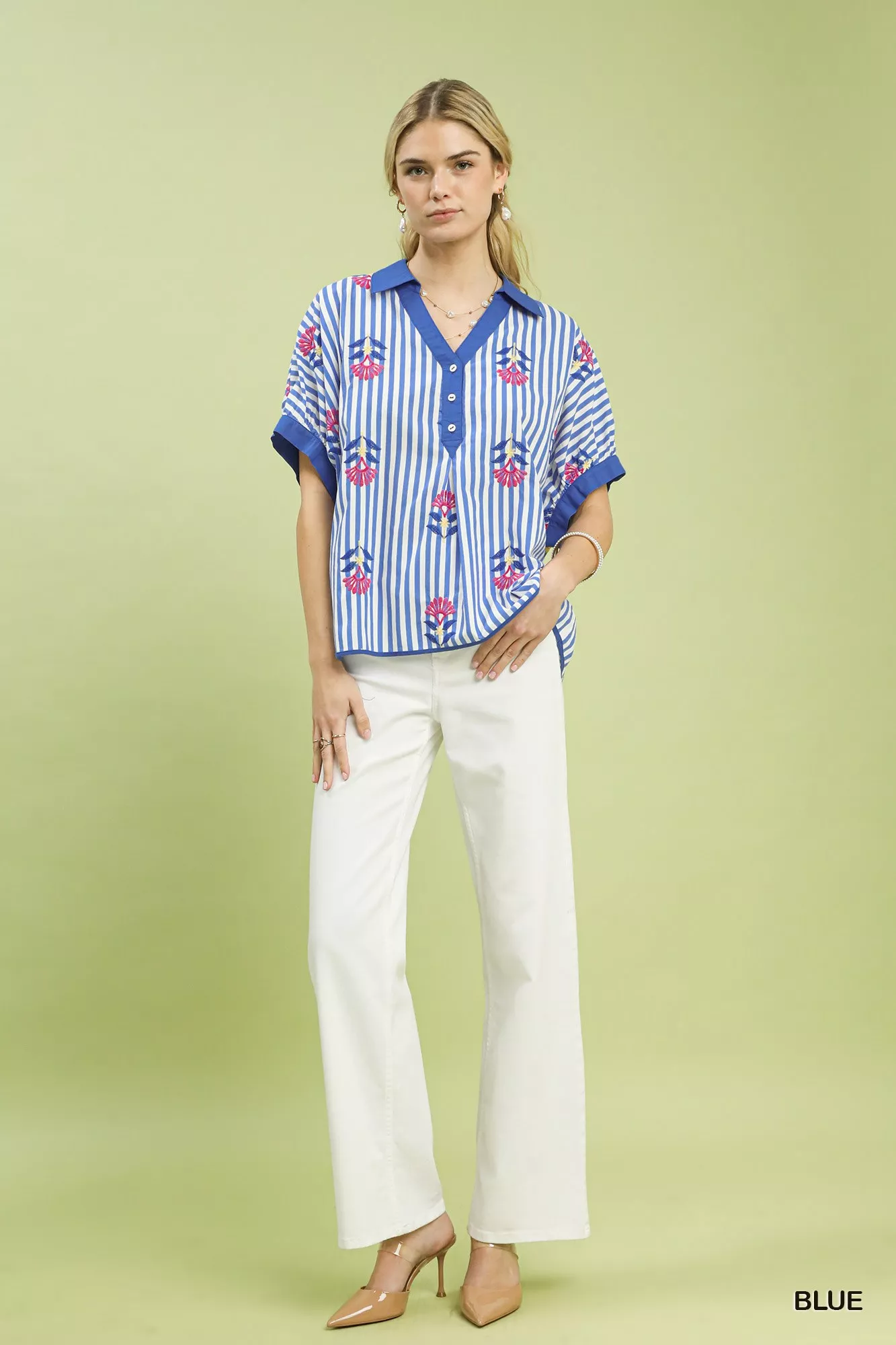 Umgee Stripe Embroidered Button-Front Boho Blouse - Image 6
