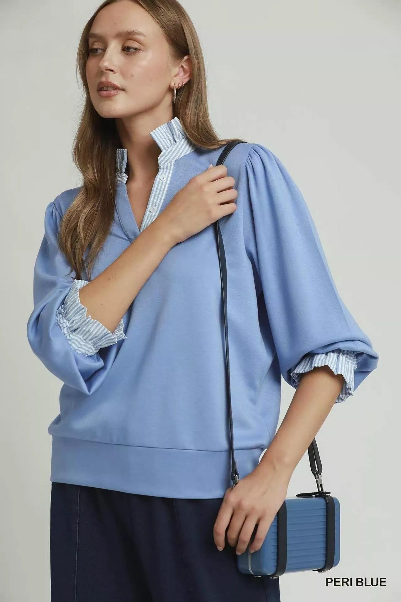 Umgee Stripe Ruffle Neck Long Sleeve Top - Image 2