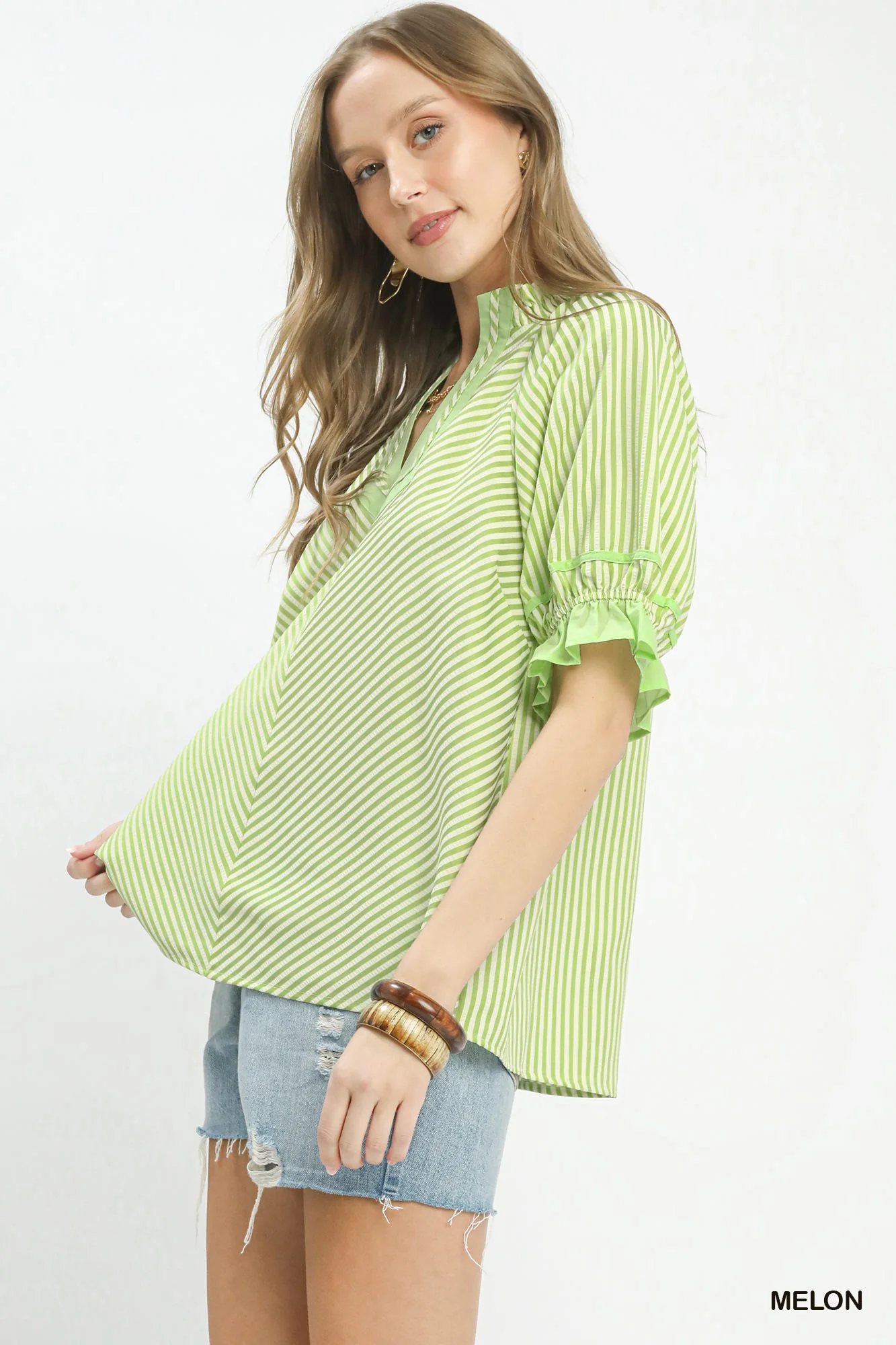 Umgee Stripe Ruffle Sleeve Split-Neck Blouse - Image 2