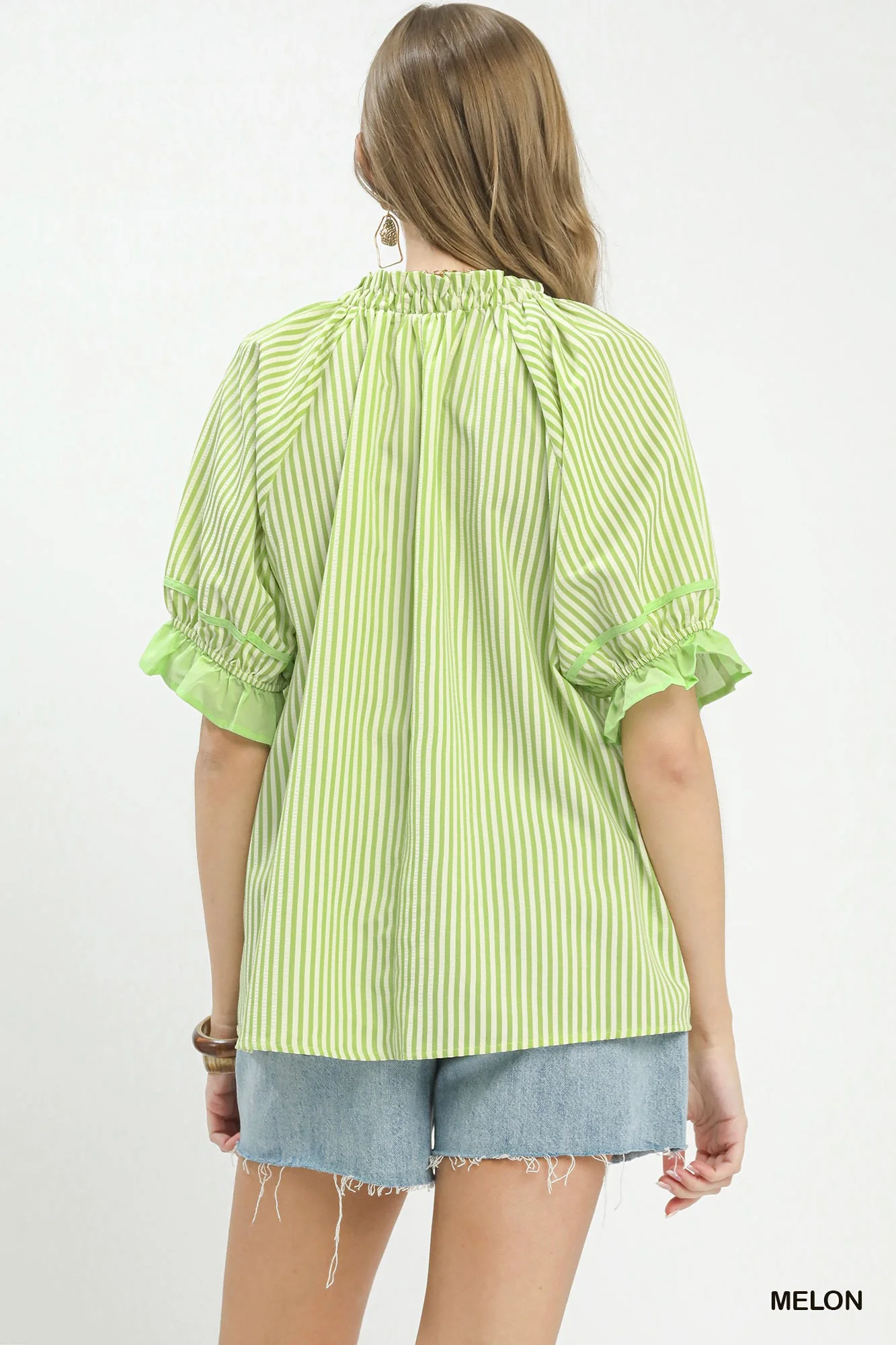 Umgee Stripe Ruffle Sleeve Split-Neck Blouse - Image 3