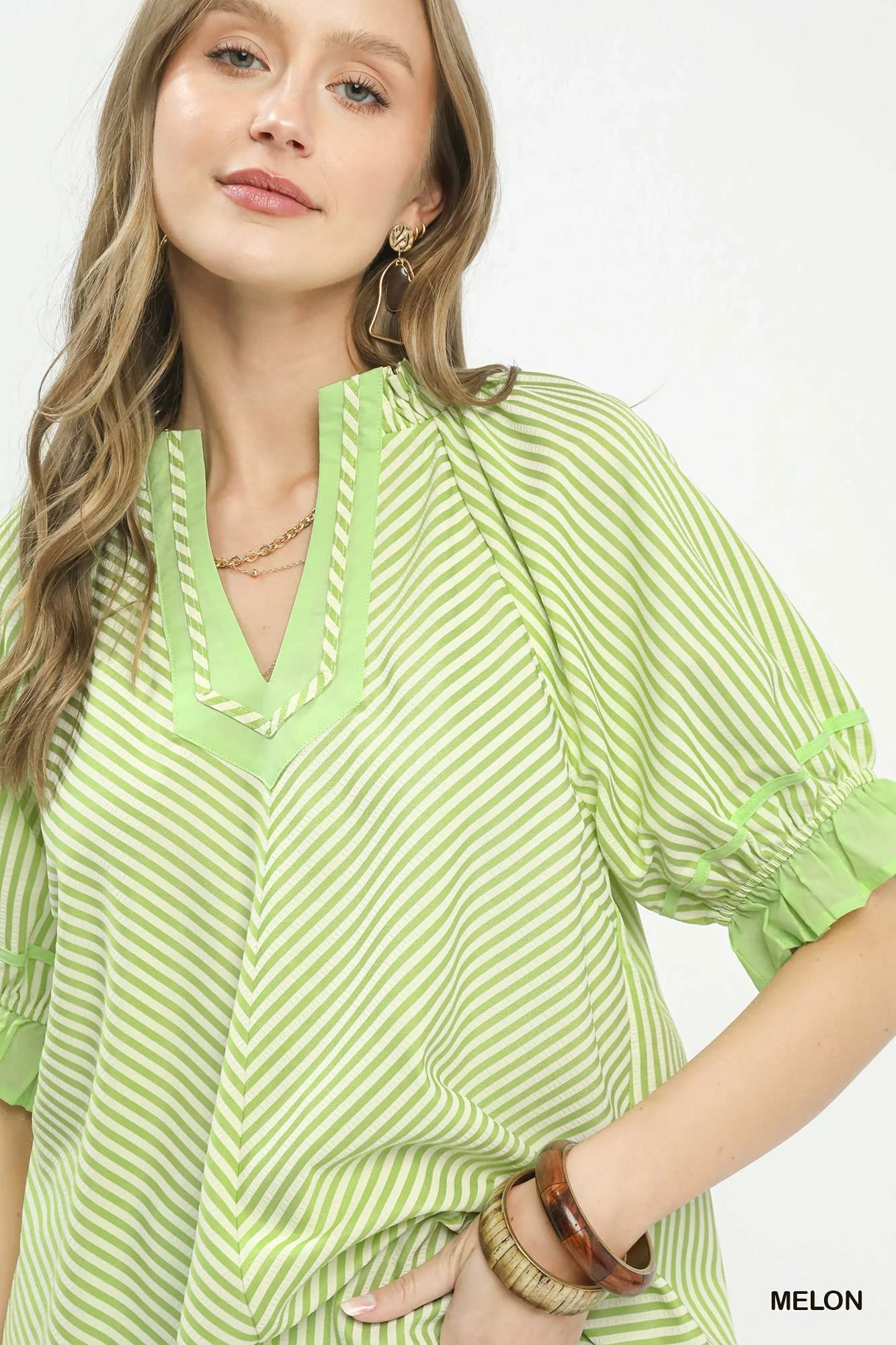 Umgee Stripe Ruffle Sleeve Split-Neck Blouse - Image 4