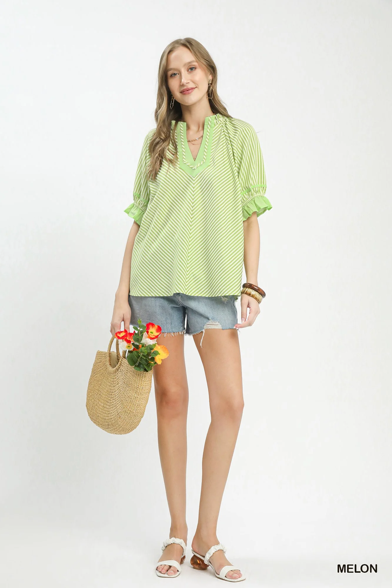 Umgee Stripe Ruffle Sleeve Split-Neck Blouse - Image 5