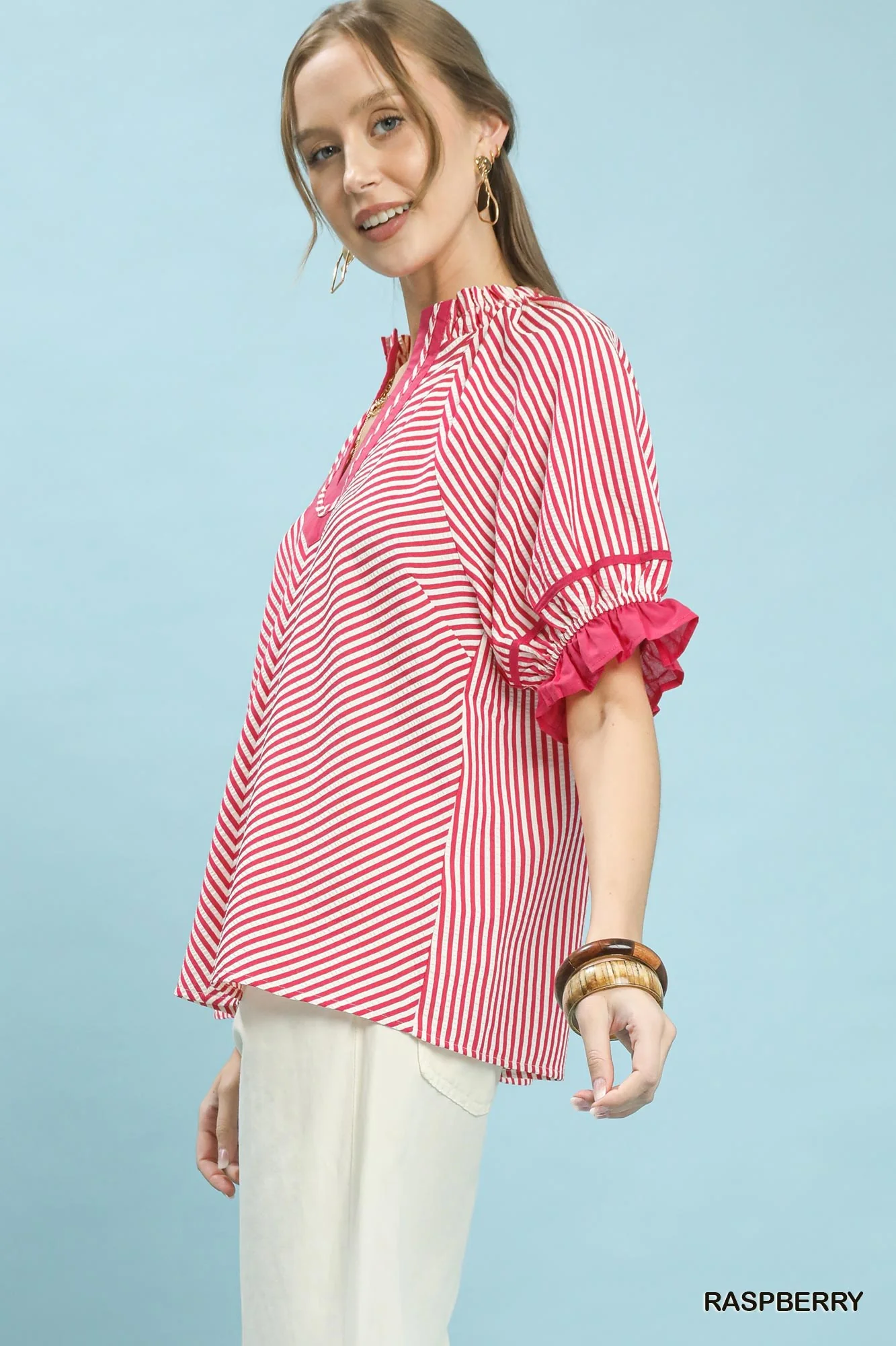 Umgee Stripe Ruffle Sleeve Split-Neck Blouse - Image 2
