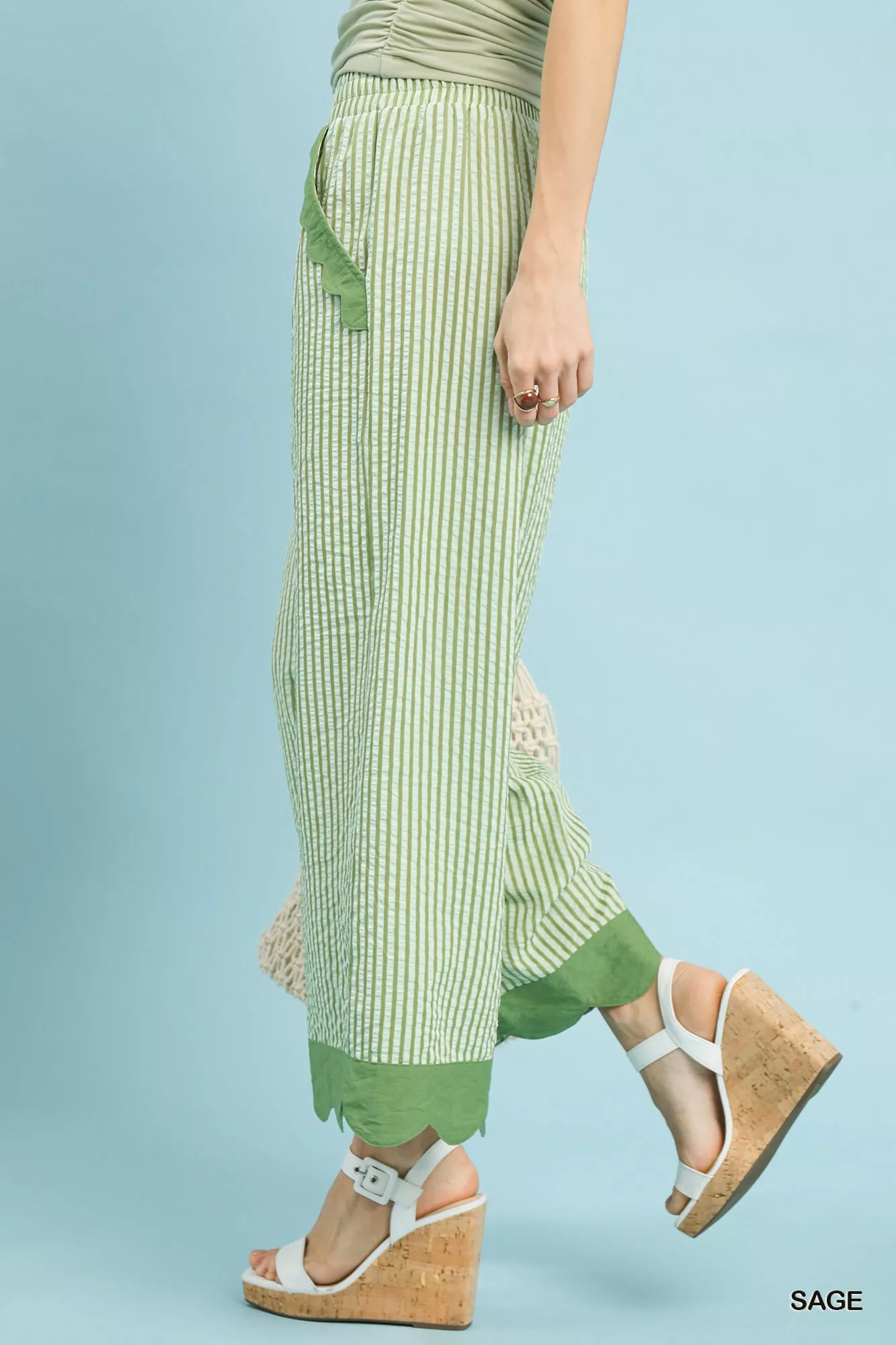 Umgee Stripe Scallop Hem Wide Leg Pants - Image 2