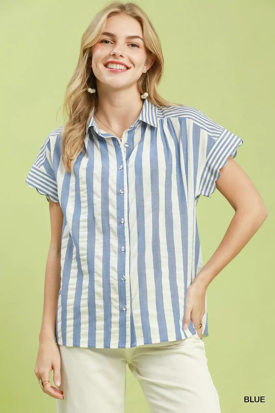 Umgee Striped Button Front Flutter Sleeve Top