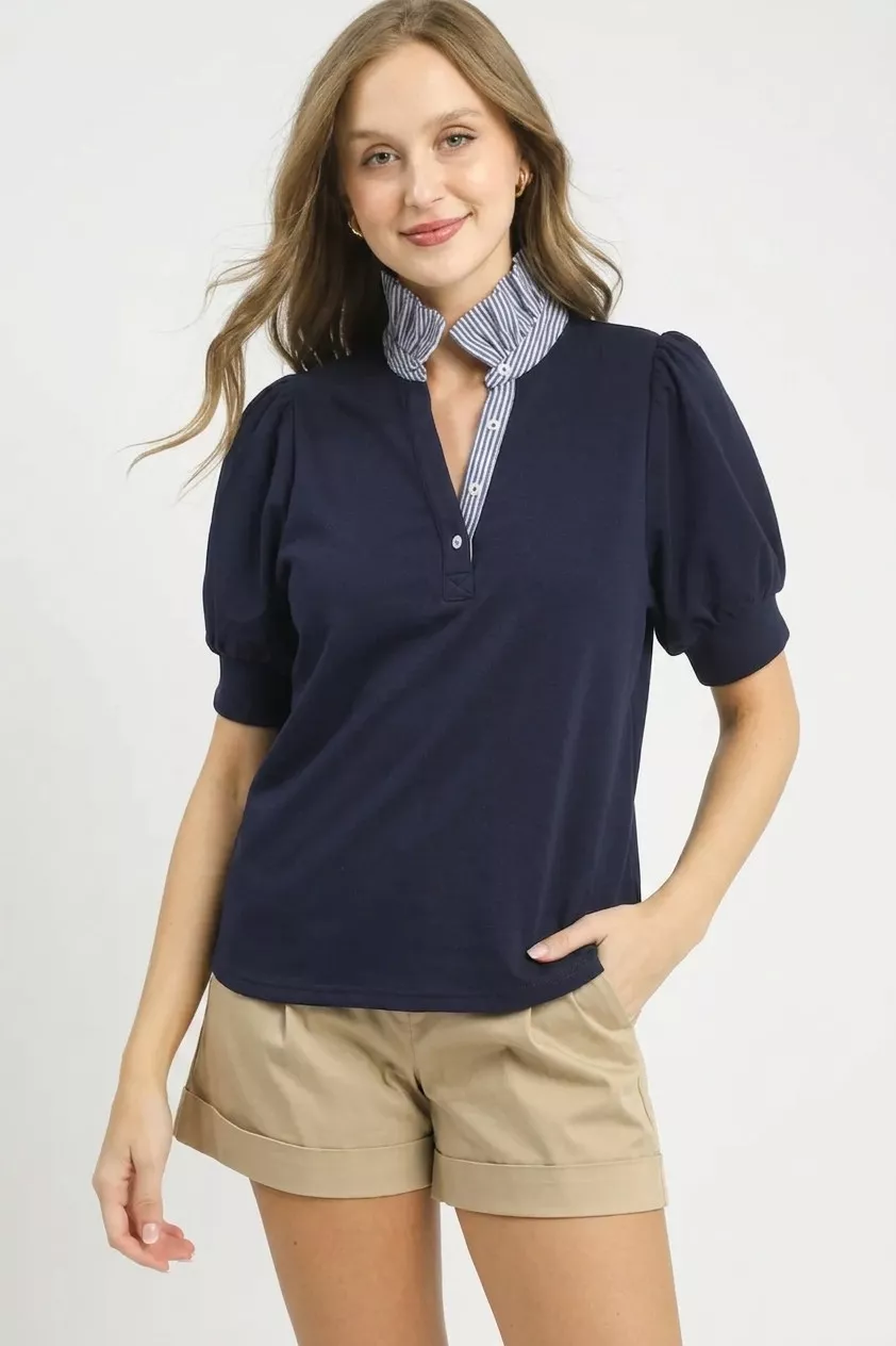 Umgee Striped Collar Popover Top - Image 2