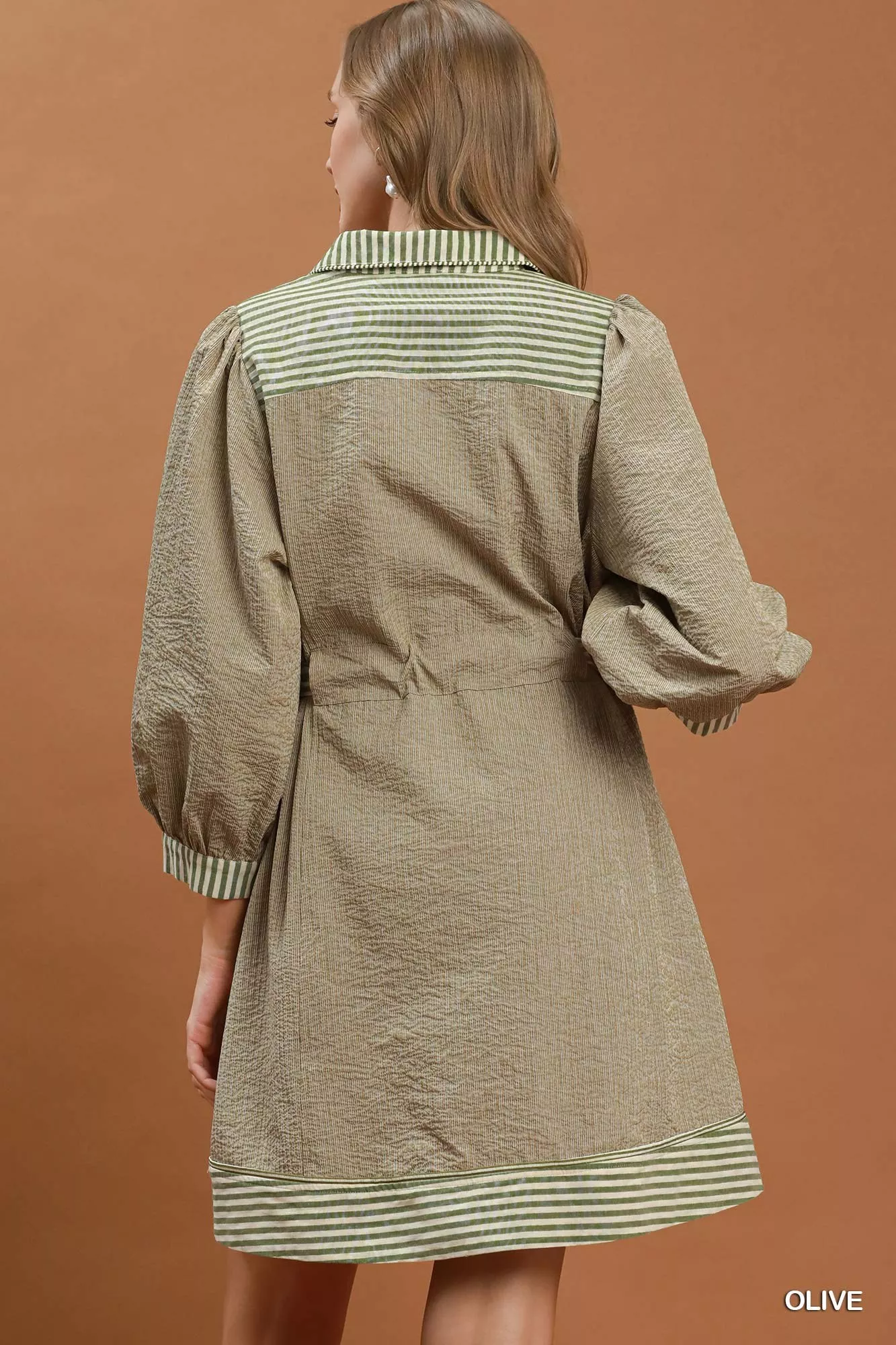 Umgee Striped Contrast Belted Puff Sleeve Mini Dress - Image 3