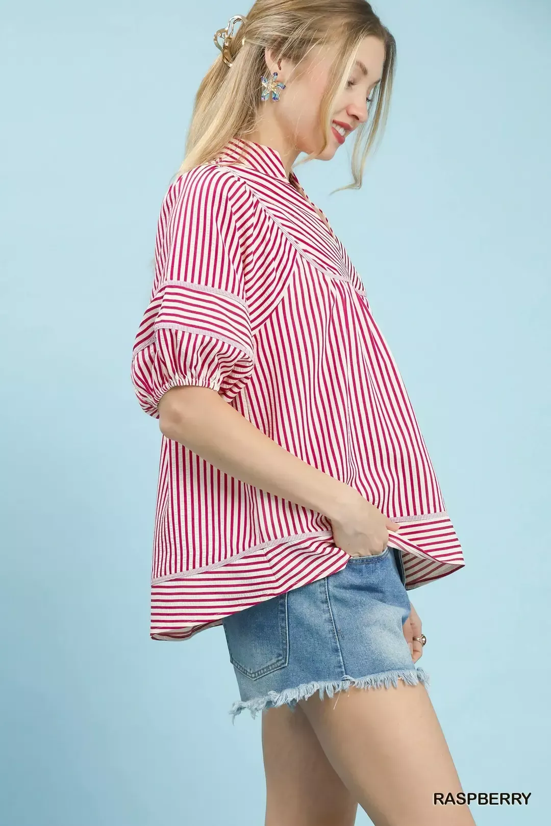 Umgee Striped Puff Sleeve Babydoll Top - Image 2