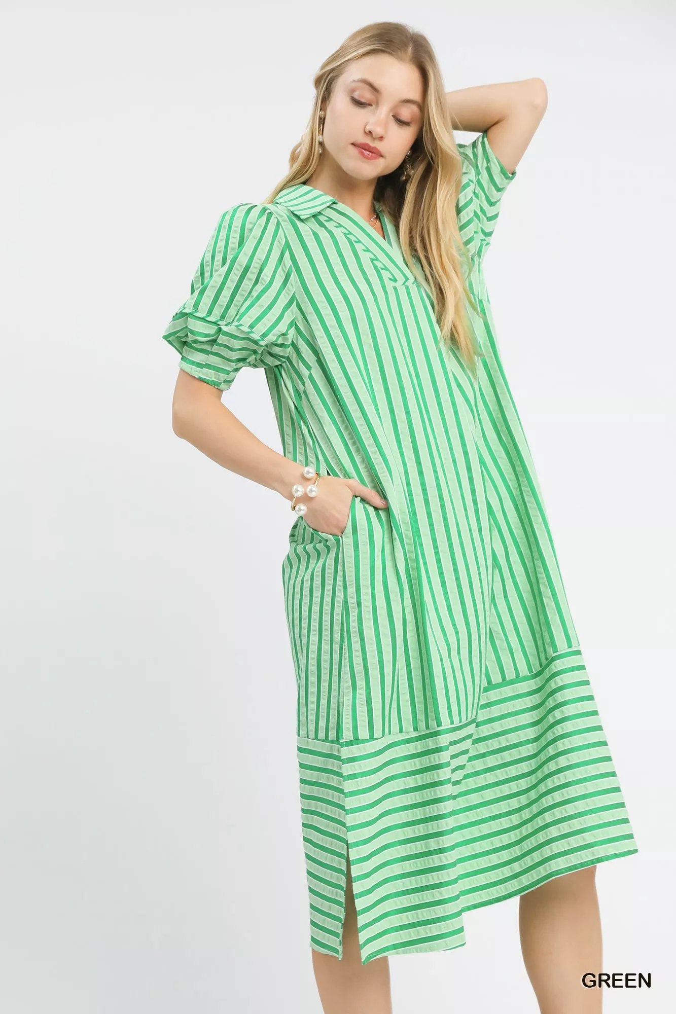 Umgee Striped Puff Sleeve Midi Dress - Image 2