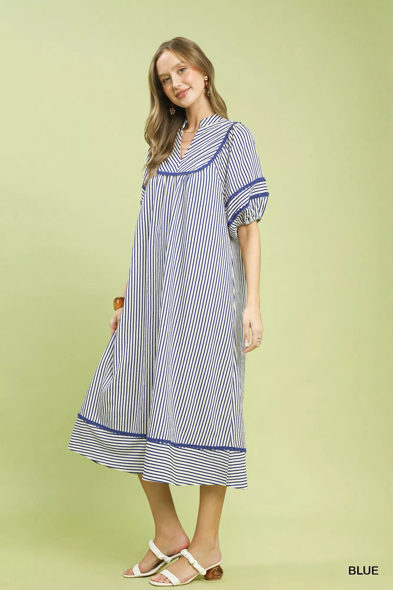 Umgee Striped Puff Sleeve Midi Dress - Image 3