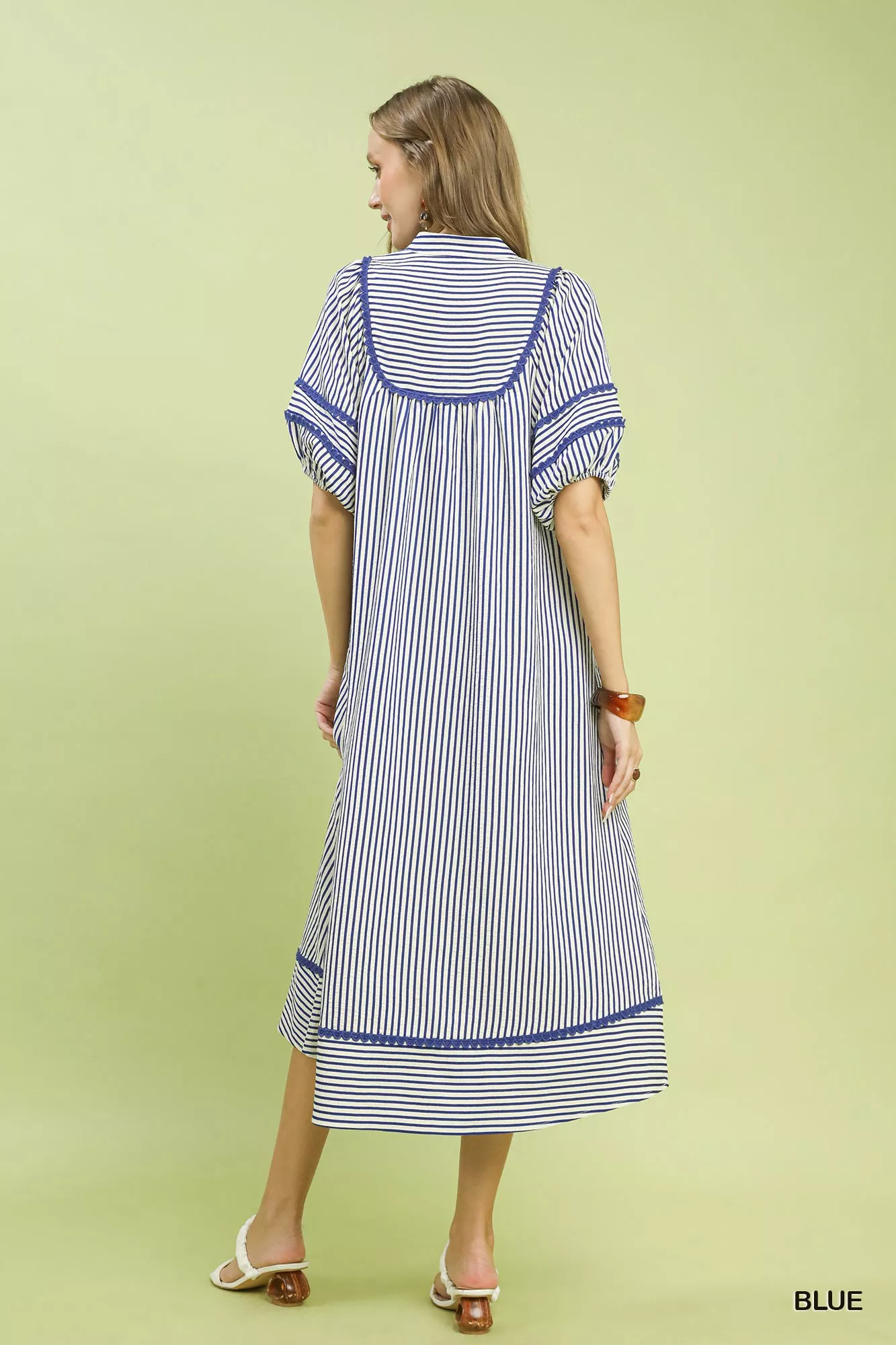 Umgee Striped Puff Sleeve Midi Dress - Image 4