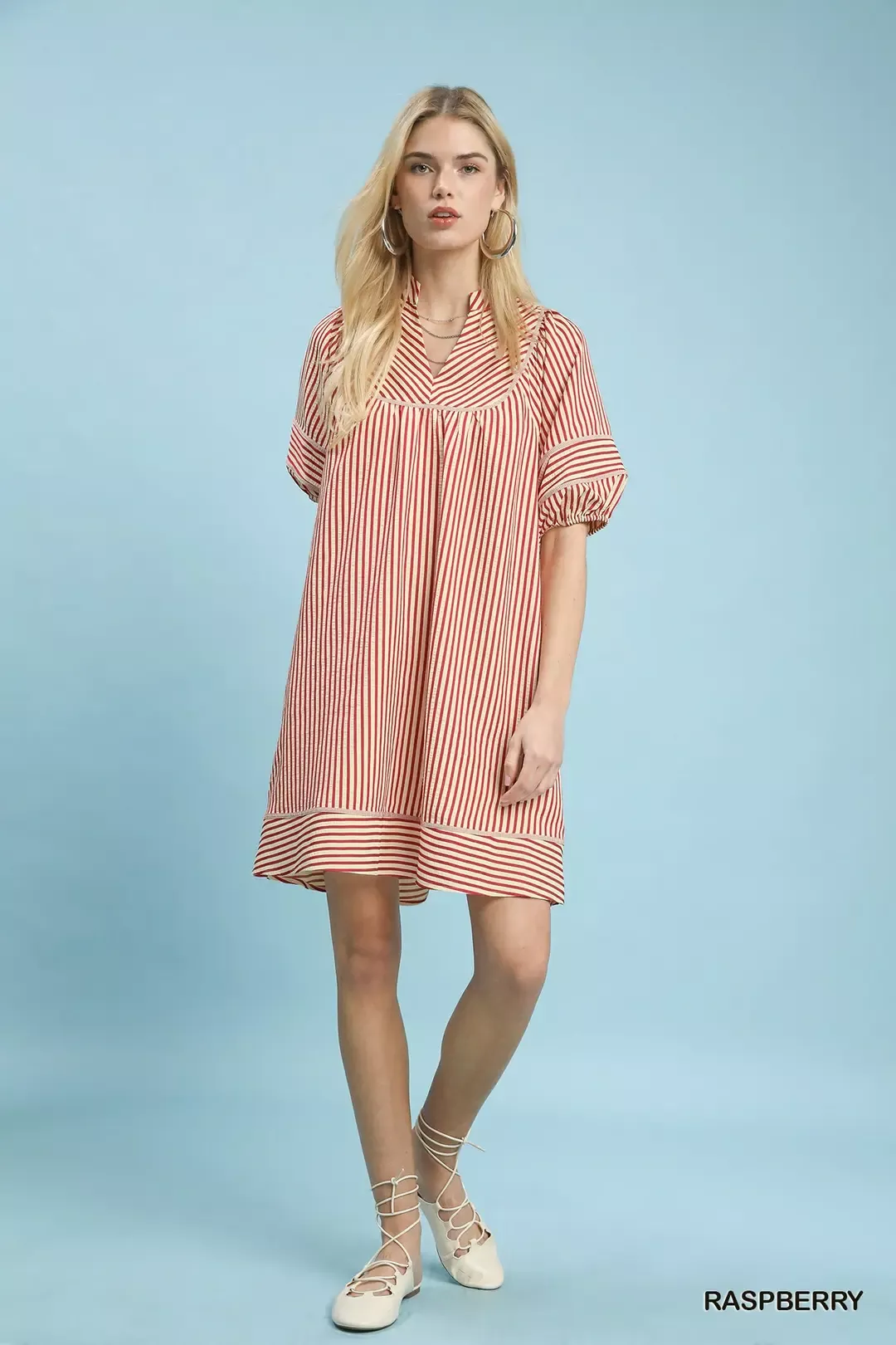 Umgee Striped Puff Sleeve Shift Dress - Image 5