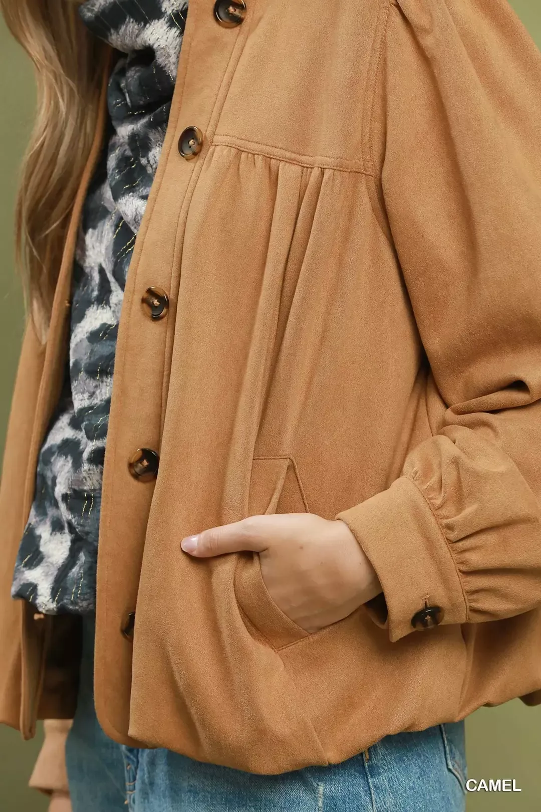 Umgee Suede Button Front Balloon Sleeve Jacket - Image 4