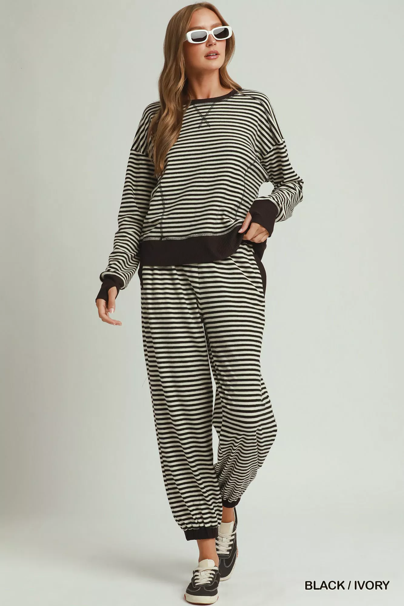 Umgee Tencel Fleece Stripe Crewneck Top