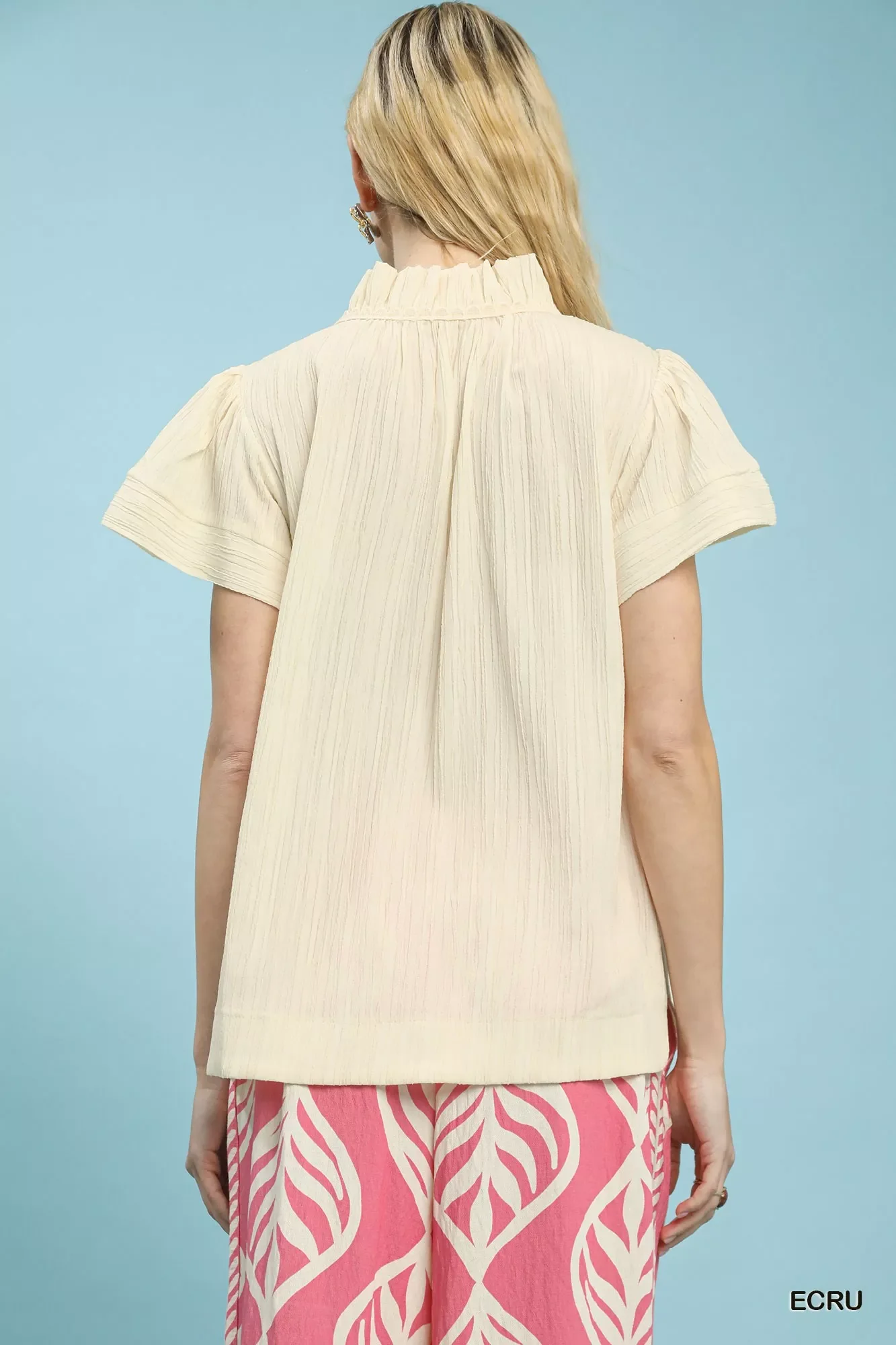 Umgee Texture Flutter Sleeve Notched Blouse - Image 3