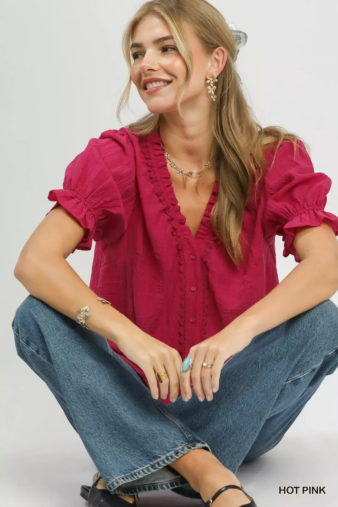 Umgee Textured Button-Front Puff Sleeve Top - Image 4
