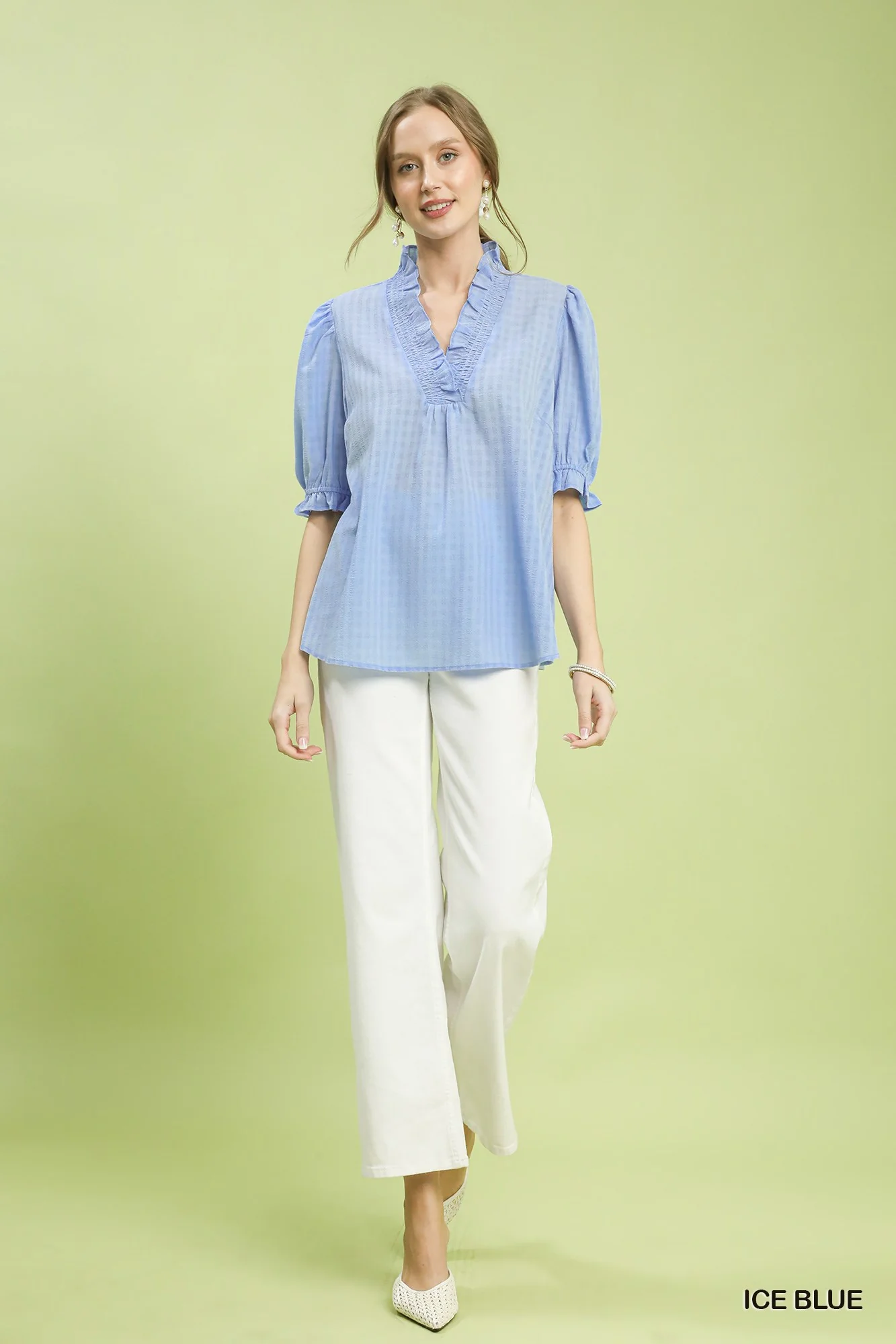 Umgee Textured Check Ruffle V-Neck Blouse - Image 4