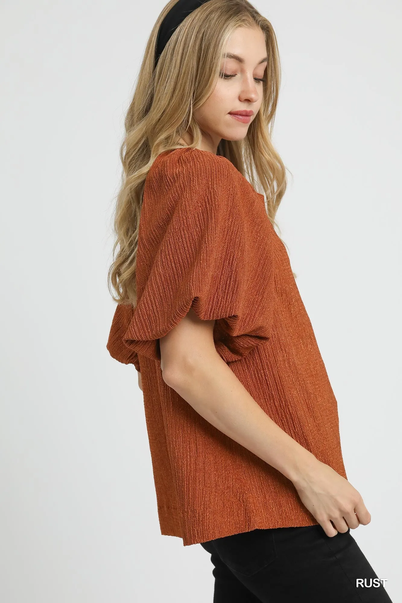 Umgee Textured Flutter Sleeve Notch Neck Top - Image 3