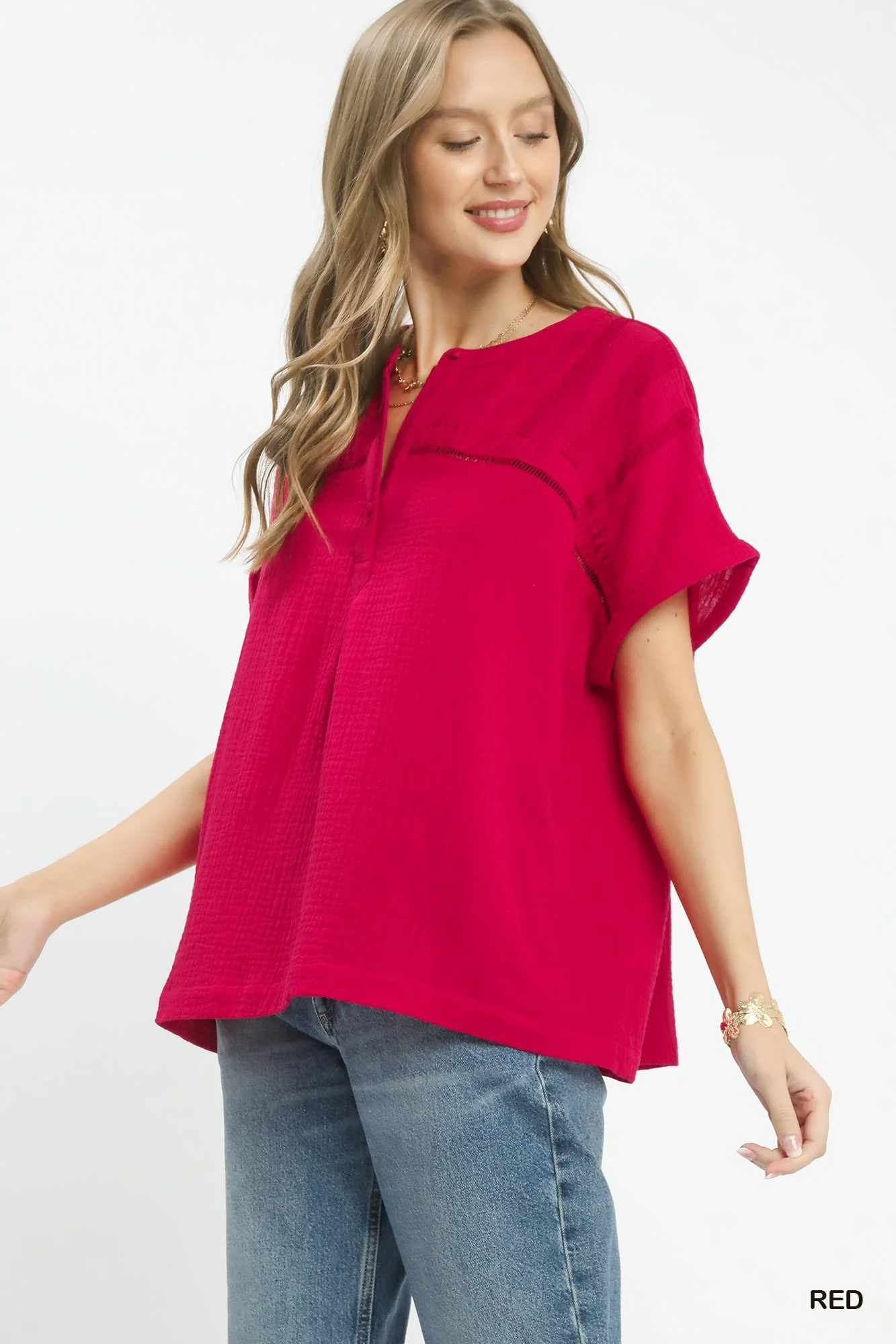 Umgee Textured Gauze Split-Neck Boho Blouse - Image 2