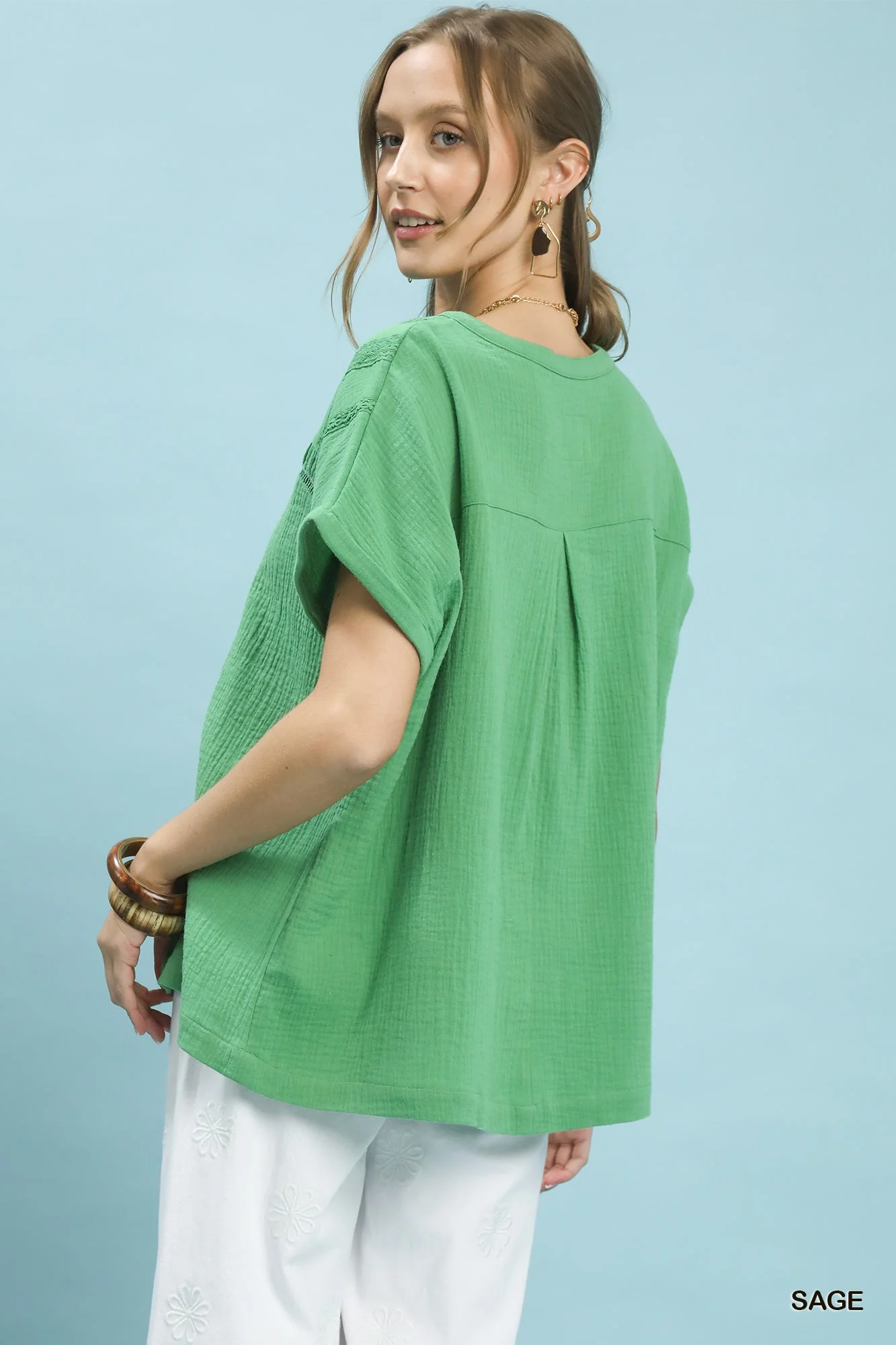 Umgee Textured Gauze Split-Neck Boho Blouse - Image 3