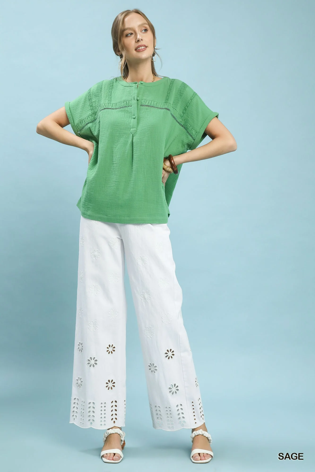 Umgee Textured Gauze Split-Neck Boho Blouse - Image 4