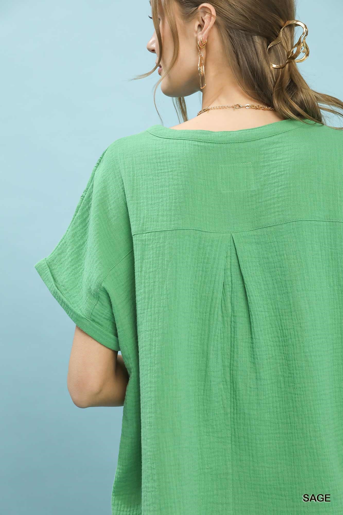 Umgee Textured Gauze Split-Neck Boho Blouse - Image 5