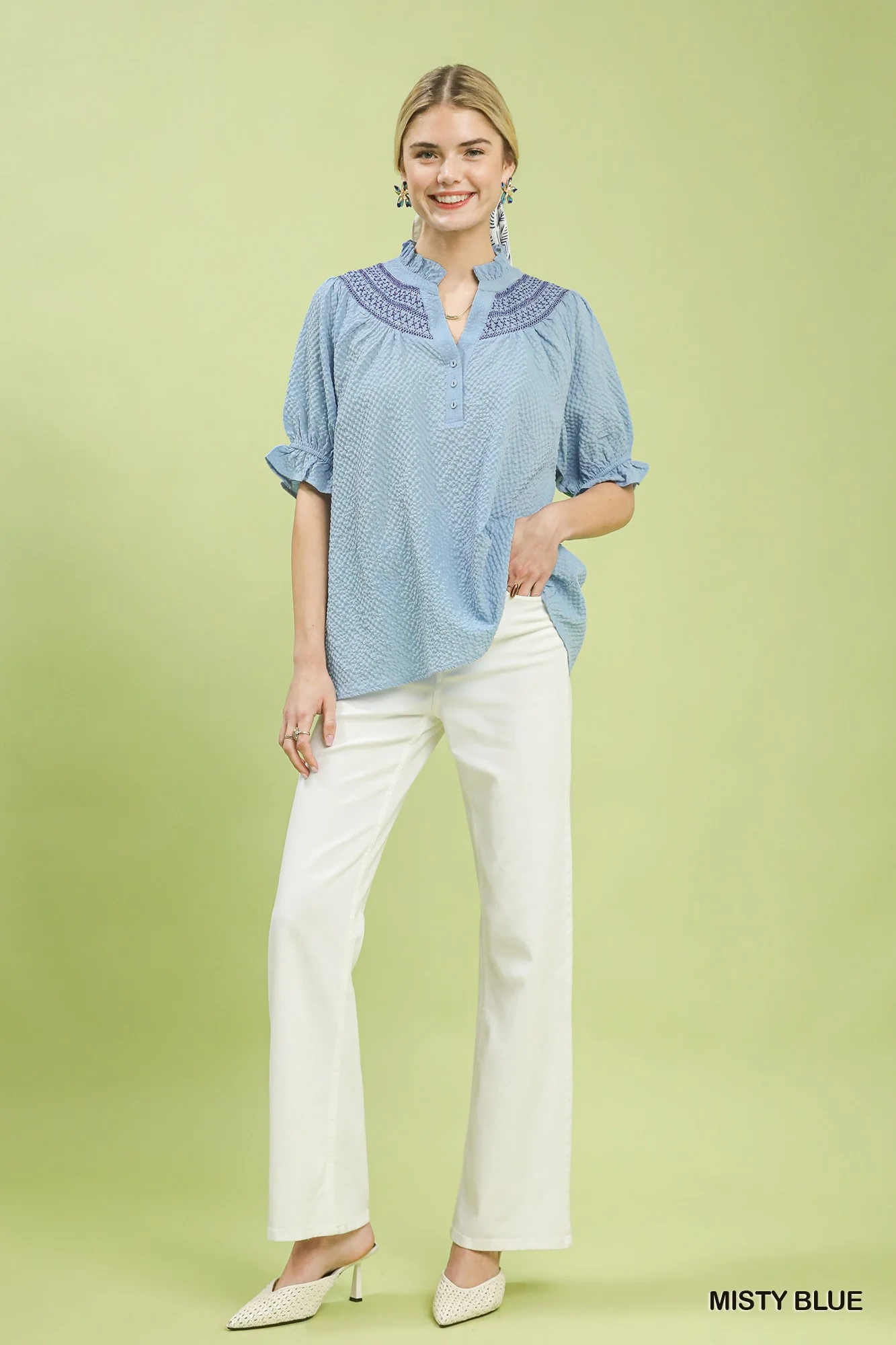 Umgee Textured Henley Blouse with Ruffle Cuffs - Image 4