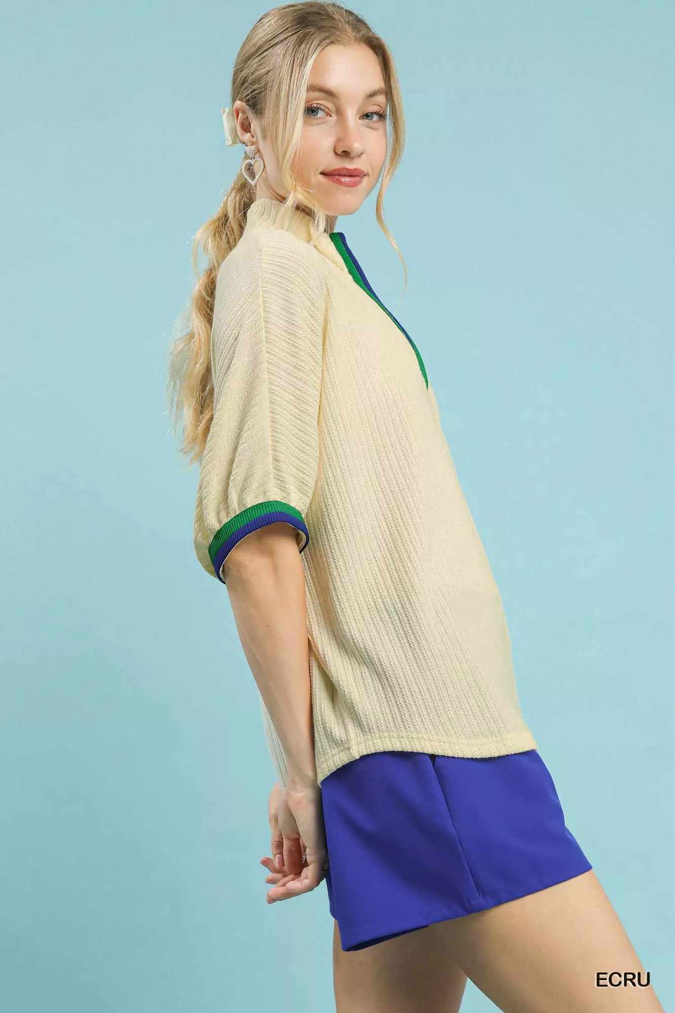 Umgee Textured Knit Top with Striped Contrast Trim - Image 2