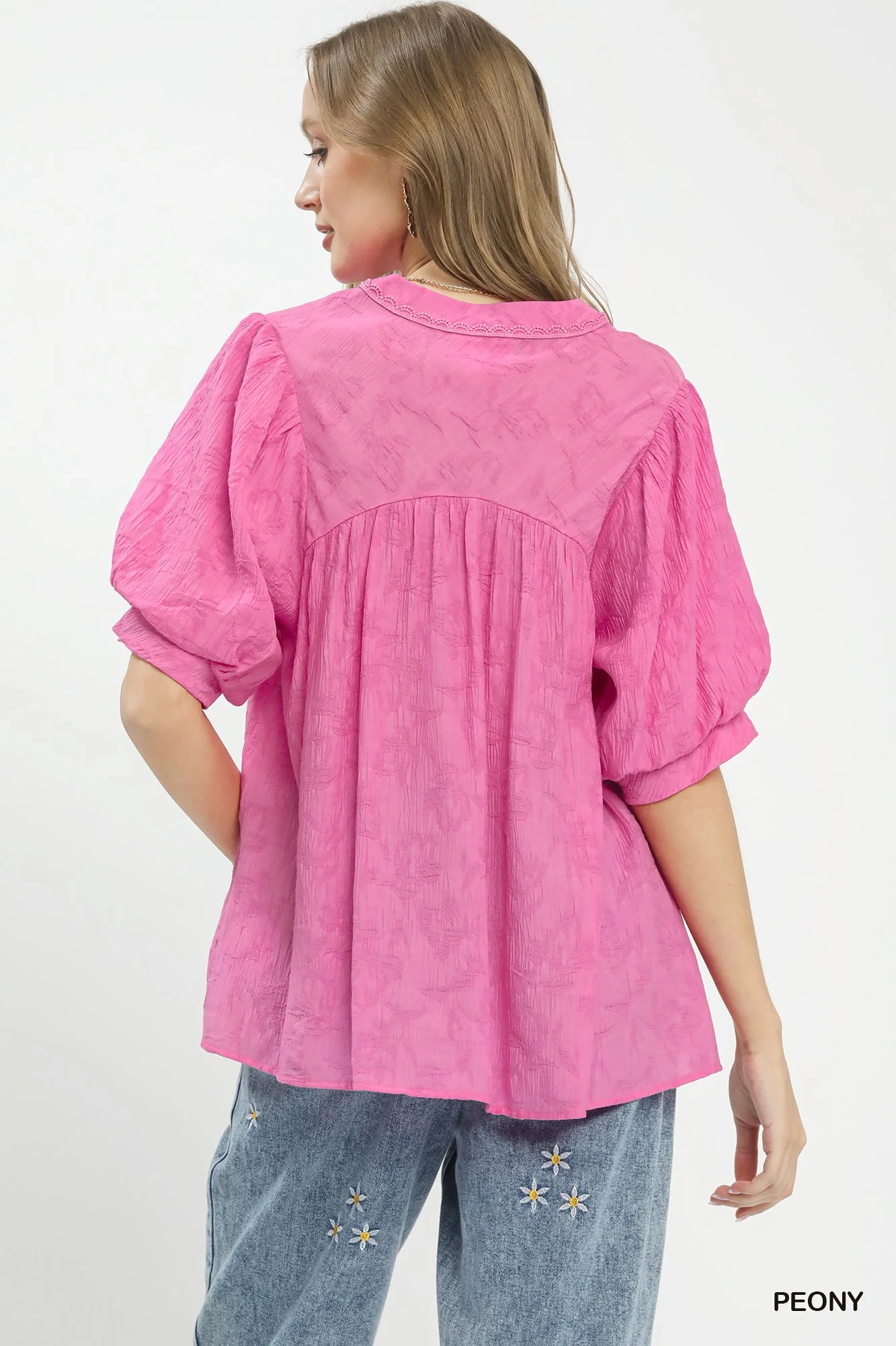 Umgee Textured Lace Trim V-Neck Boho Blouse - Image 3