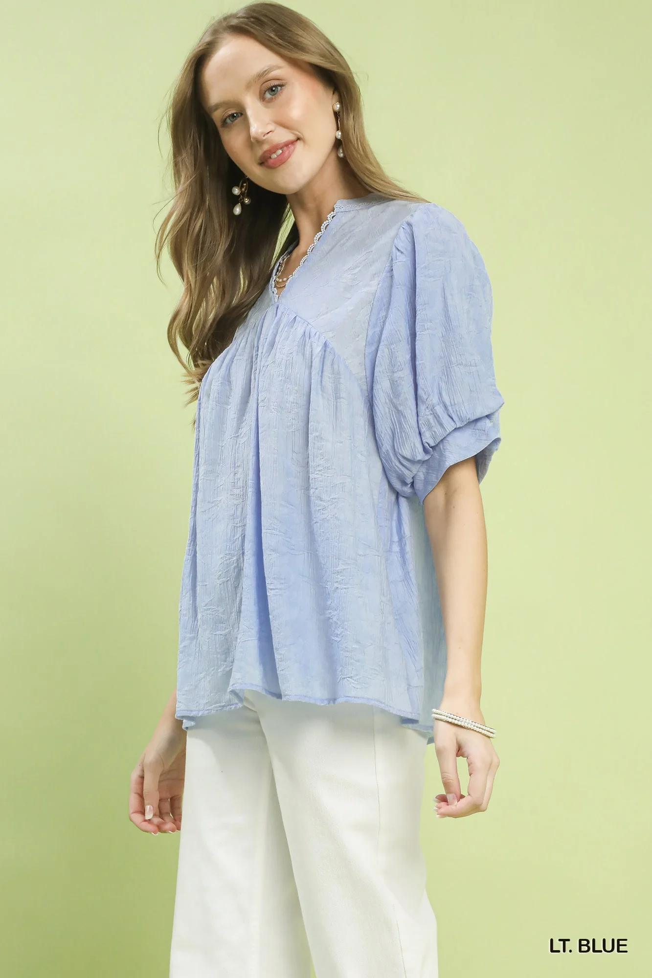 Umgee Textured Lace Trim V-Neck Boho Blouse - Image 2
