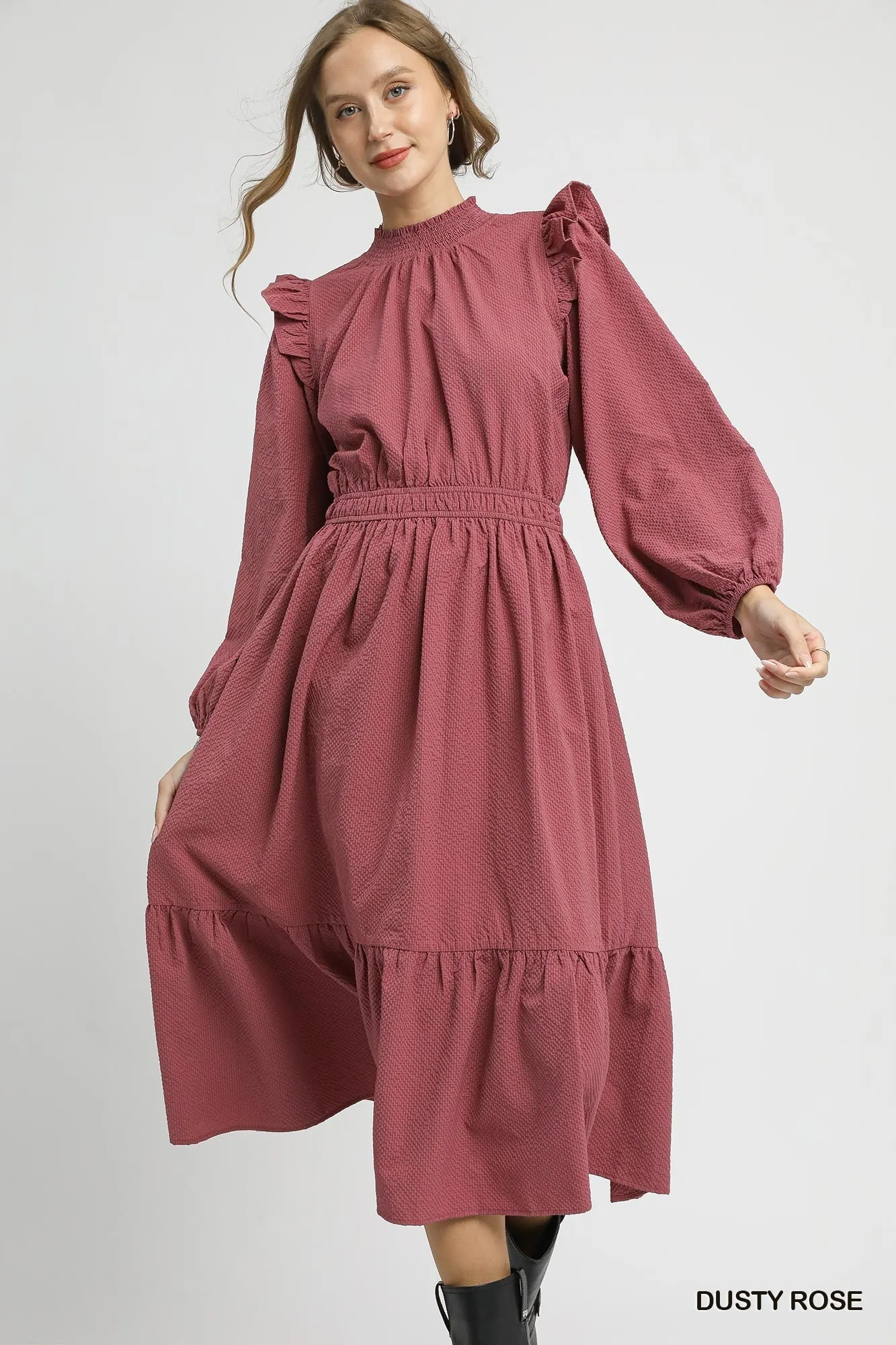 Umgee Textured Midi Dress with Ruffle Shoulder Detail - Image 2