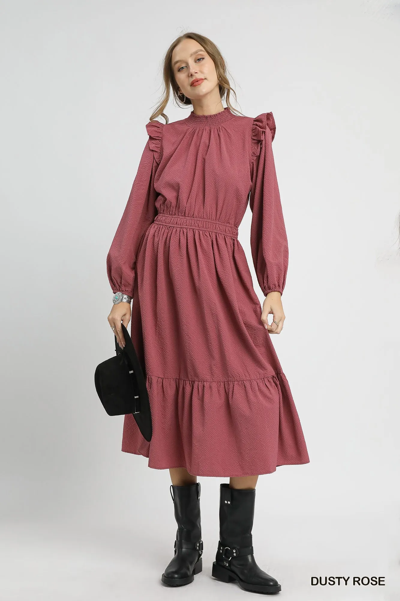 Umgee Textured Midi Dress with Ruffle Shoulder Detail - Image 3